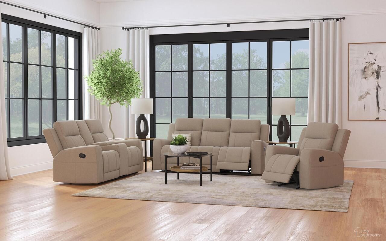 The appearance of Brentwood Upholstered Motion Reclining Living Room Set In Taupe designed by Coaster in the transitional interior design. This taupe piece of furniture was selected by 1StopBedrooms from Brentwood Collection to add a touch of cosiness and style into your home. Sku: 610281;610282. Material: Upholstered.