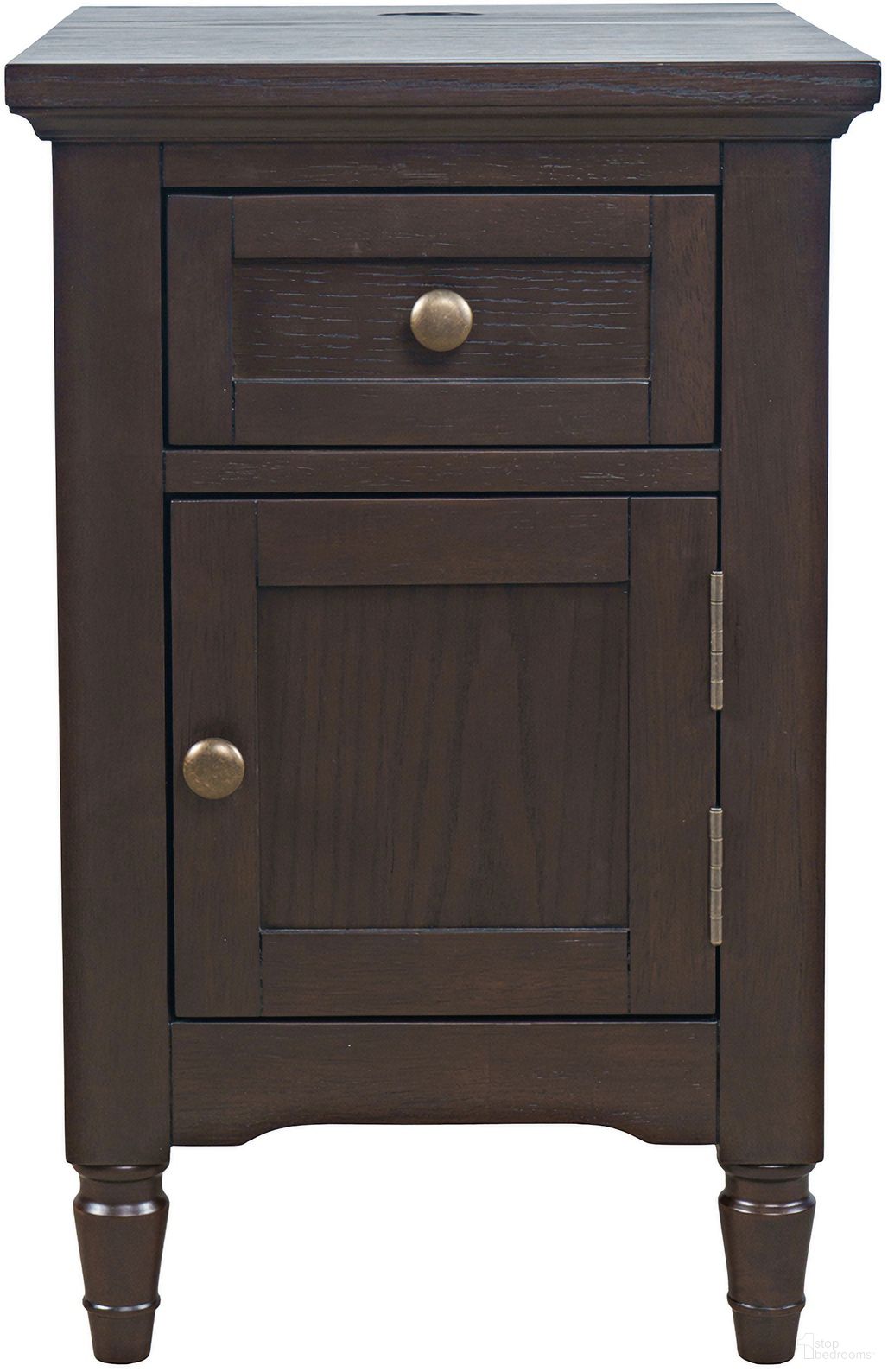 The appearance of Brentwood USB Charging End Table with Storage Cabinet In Arbor Oak and Brown designed by Jofran in the transitional interior design. This arbor oak/brown piece of furniture was selected by 1StopBedrooms from Brentwood Collection to add a touch of cosiness and style into your home. Sku: 2520-6. Material: Rubberwood.