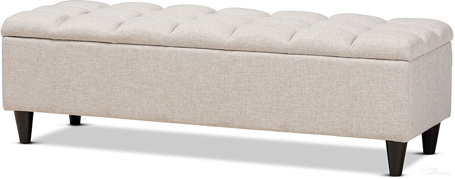 The appearance of Brette Mid-Century Modern Light Blue Fabric Upholstered Dark Brown Finished Wood Storage Bench Ottoman designed by Baxton Studio in the transitional interior design. This beige piece of furniture  was selected by 1StopBedrooms from Brette Collection to add a touch of cosiness and style into your home. Sku: BBT3162-Beige-Otto. Material: Polyester.