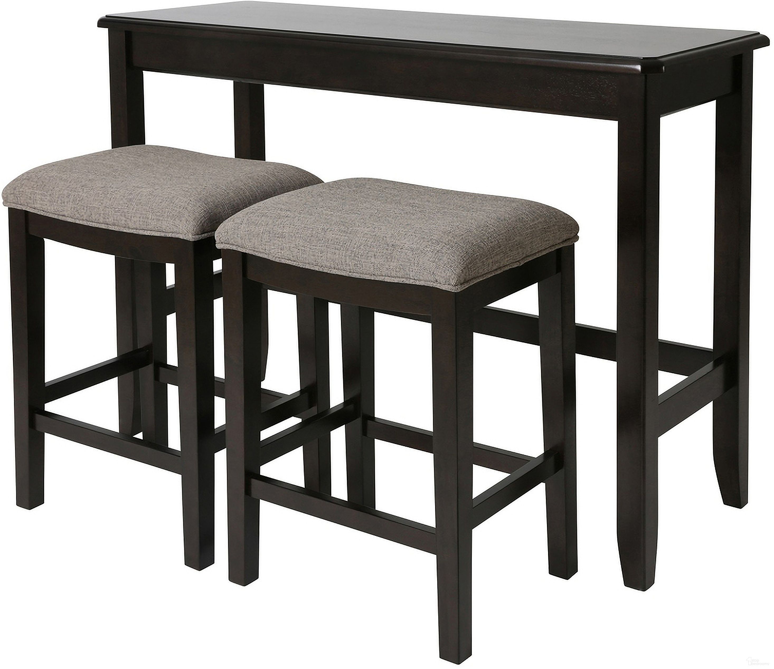 Brevard 48 Inch Pub Sofa Table with Two Nested Upholstered Stools In Espresso and Gray