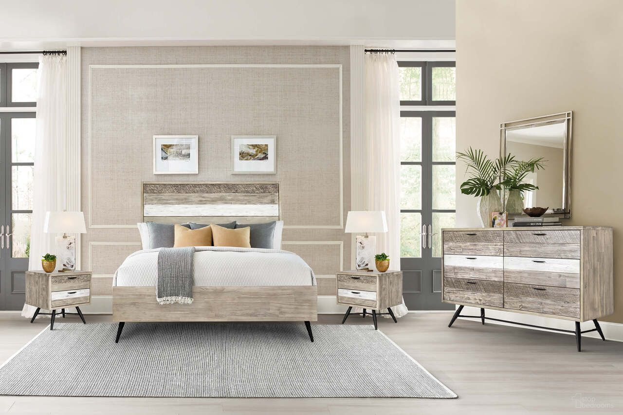 The appearance of Bridges 4-Piece Queen Bedroom Set In Two-Tone Acacia Wood designed by Armen Living in the modern / contemporary interior design. This natural piece of furniture  was selected by 1StopBedrooms from Bridges Collection to add a touch of cosiness and style into your home. Sku: LCBRBDGRQNBX1;LCBRBDGRQNBX2;LCBRBDGRQNBX3;LCBRBDGRQNBX4;LCBRLAGR;LCBRLAGR;LCBRDRGR. Bed Type: Platform Bed. Material: Wood. Bed Size: Queen.