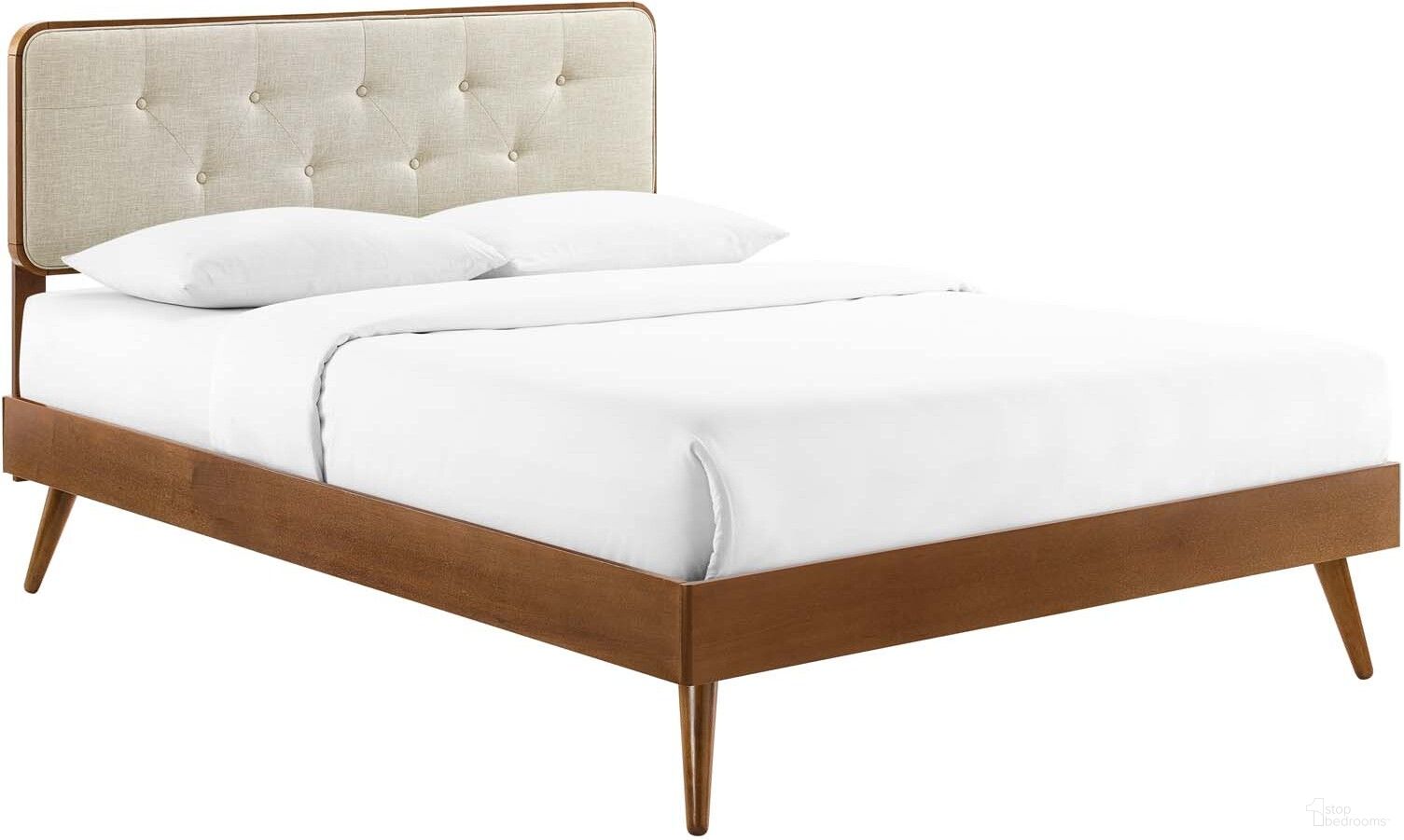 The appearance of Bridgette King Wood Platform Bed With Splayed Legs MOD-6647-WAL-BEI designed by Modway in the modern / contemporary interior design. This walnut beige piece of furniture was selected by 1StopBedrooms from Bridgette Collection to add a touch of cosiness and style into your home. Sku: MOD-6231-WAL;MOD-6235-WAL-BEI. Bed Type: Platform Bed. Material: Wood. Bed Size: King.