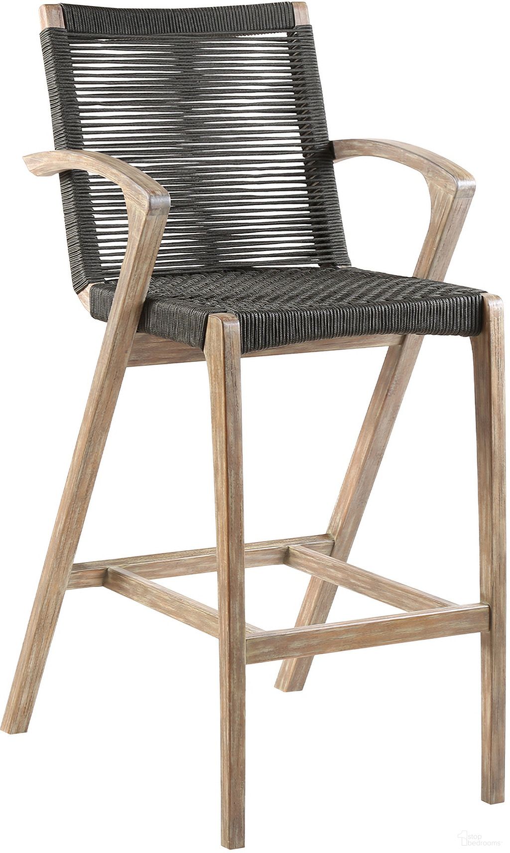 The appearance of Brielle Armed UV Protected Outdoor Light Eucalyptus Wood and Charcoal Rope Bar Height Stool with Footrest designed by Armen Living in the modern / contemporary interior design. This eucalyptus piece of furniture was selected by 1StopBedrooms from Brielle Collection to add a touch of cosiness and style into your home. Sku: LCBLBACH30. Material: Rope.