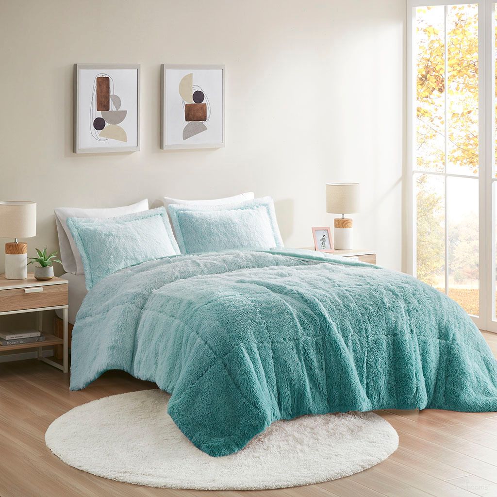 Brielle Ombre Shaggy Long Fur 2 Piece Twin/Twin XL Comforter Mini Set In Aqua