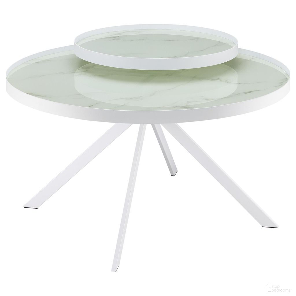 The appearance of Briggs Round Marble Printed Glass Top Coffee Table In White designed by Coaster in the modern / contemporary interior design. This white piece of furniture  was selected by 1StopBedrooms from Briggs Collection to add a touch of cosiness and style into your home. Sku: 706258. Material: Glass.