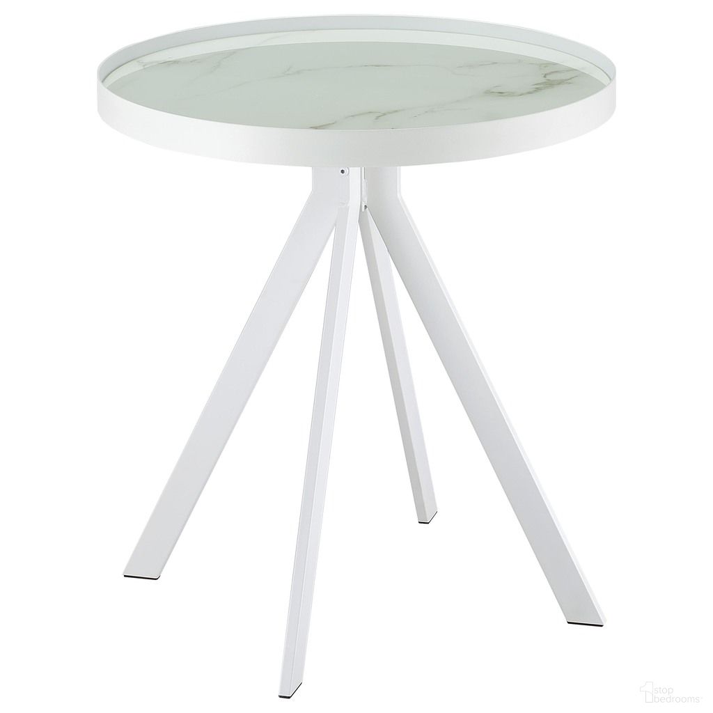 The appearance of Briggs Round Marble Printed Glass Top End Side Table In White designed by Coaster in the modern / contemporary interior design. This white piece of furniture  was selected by 1StopBedrooms from Briggs Collection to add a touch of cosiness and style into your home. Sku: 706257. Material: Glass.