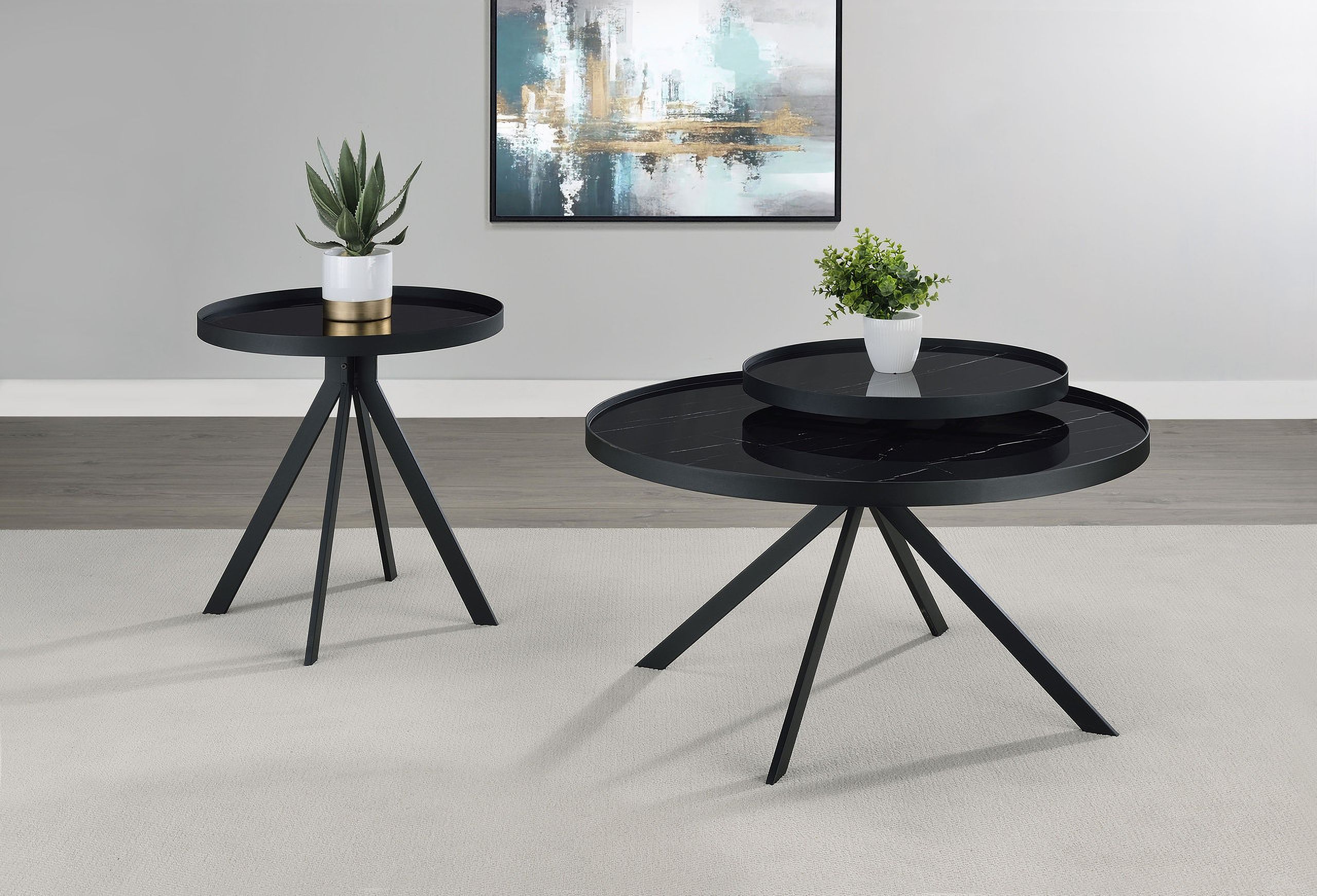 The appearance of Briggs Round Marble Printed Glass Top Occasional Table Set In Black designed by Coaster in the modern / contemporary interior design. This black piece of furniture  was selected by 1StopBedrooms from Briggs Collection to add a touch of cosiness and style into your home. Sku: 706268;706267. Material: Glass.