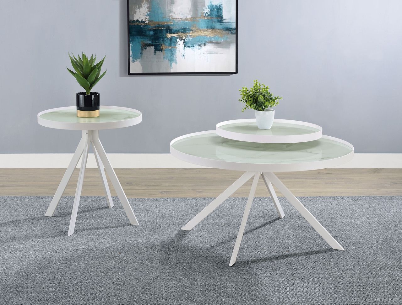 The appearance of Briggs Round Marble Printed Glass Top Occasional Table Set In White designed by Coaster in the modern / contemporary interior design. This white piece of furniture  was selected by 1StopBedrooms from Briggs Collection to add a touch of cosiness and style into your home. Sku: 706258;706257. Material: Glass.