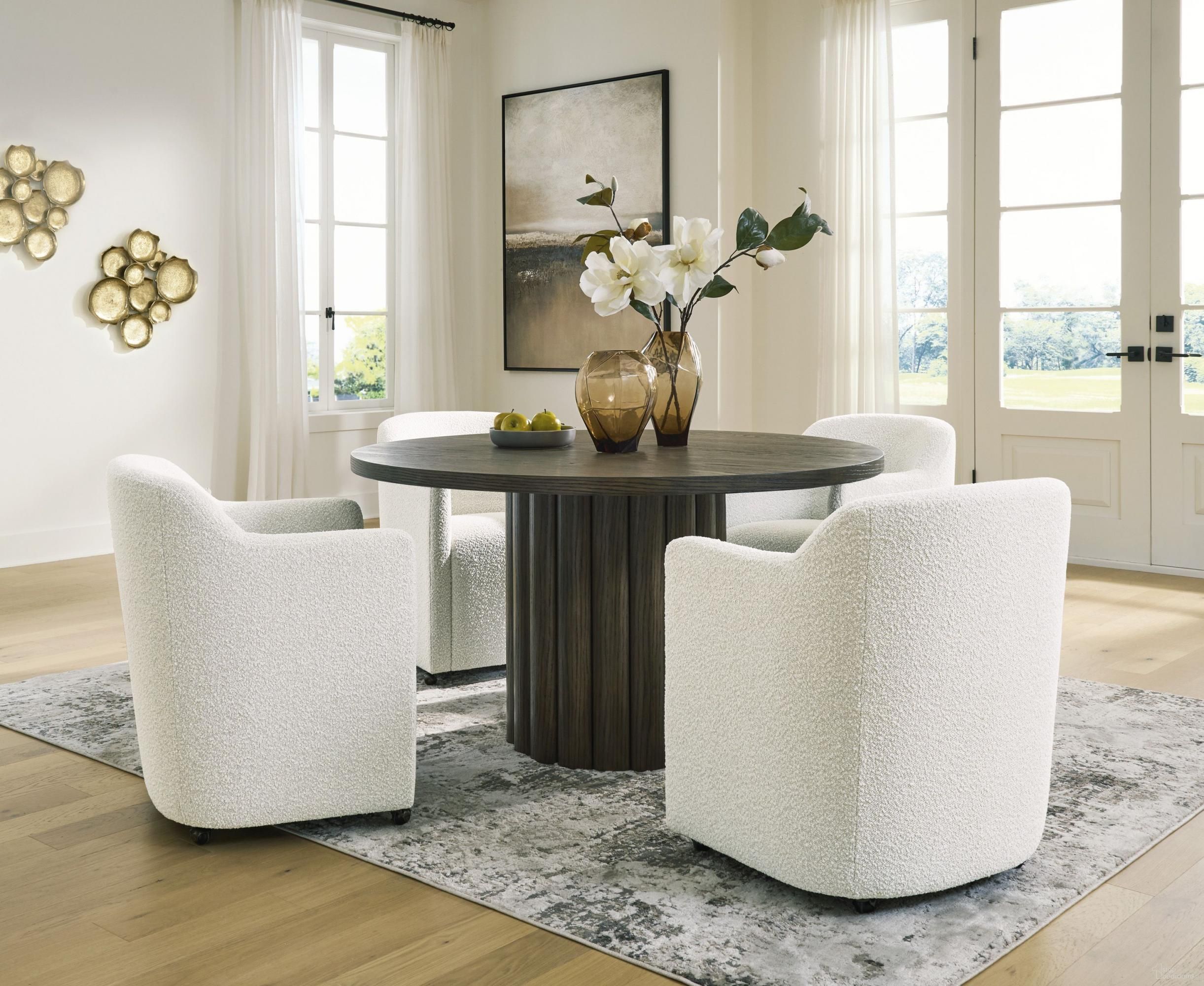 The appearance of Brillynd Round Dining Room Set In Burnished Brown designed by Signature Design by Ashley in the modern / contemporary interior design. This burnished brown piece of furniture  was selected by 1StopBedrooms from Brillynd Collection to add a touch of cosiness and style into your home. Sku: NCD843-50;NCD843-03A. Table Top Shape: Round. Material: Wood. Size: 54".