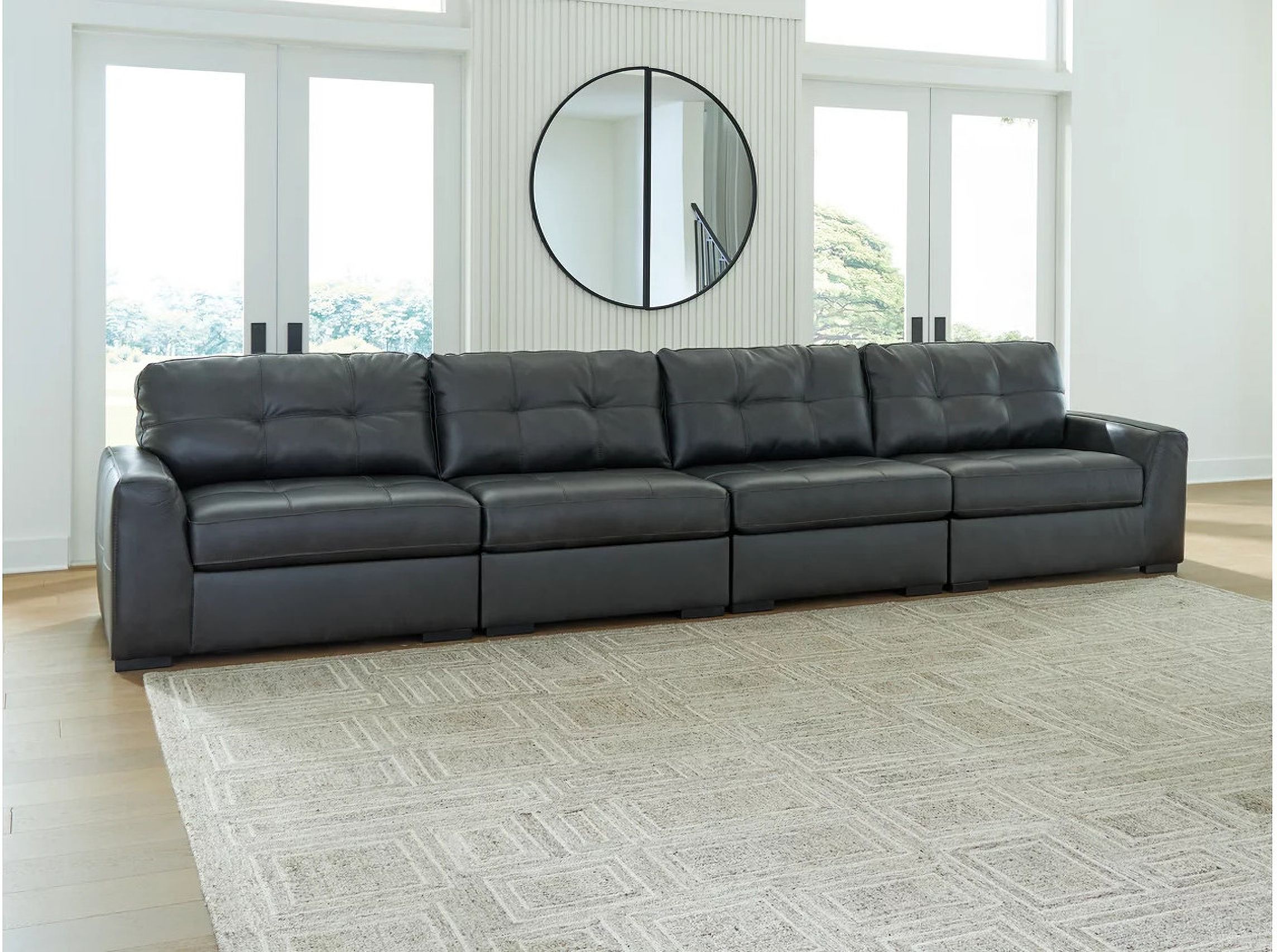 The appearance of Brindley Pier 4-Piece Sectional In Fog designed by Signature Design by Ashley in the modern / contemporary interior design. This fog piece of furniture was selected by 1StopBedrooms from Brindley Pier Collection to add a touch of cosiness and style into your home. Sku: 9950364;9950346;9950346;9950365. Material: Genuine Leather.