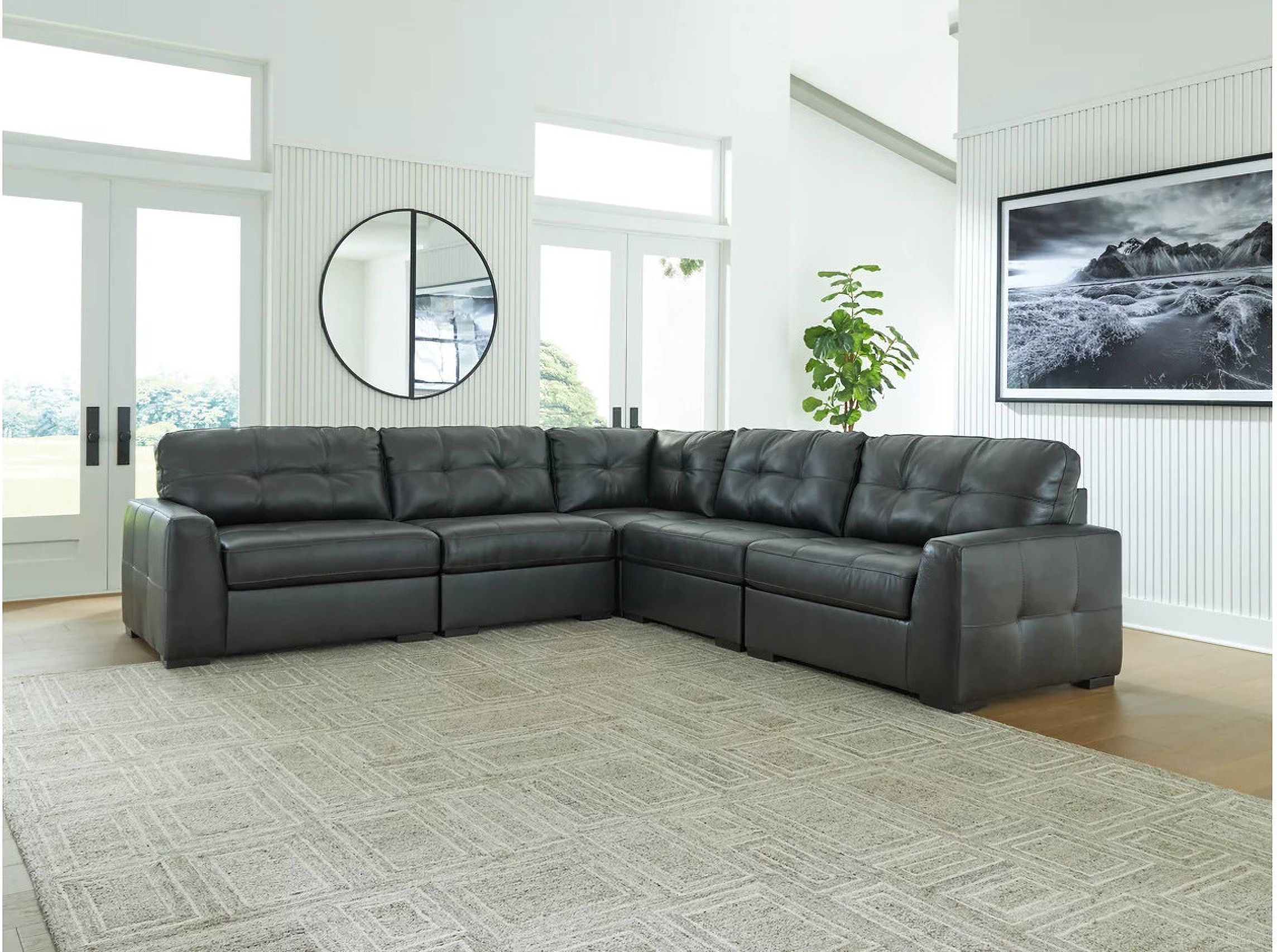 The appearance of Brindley Pier 5-Piece Sectional In Fog designed by Signature Design by Ashley in the modern / contemporary interior design. This fog piece of furniture was selected by 1StopBedrooms from Brindley Pier Collection to add a touch of cosiness and style into your home. Sku: 9950364;9950346;9950346;9950377;9950365. Layout: L-Shape. Material: Genuine Leather.