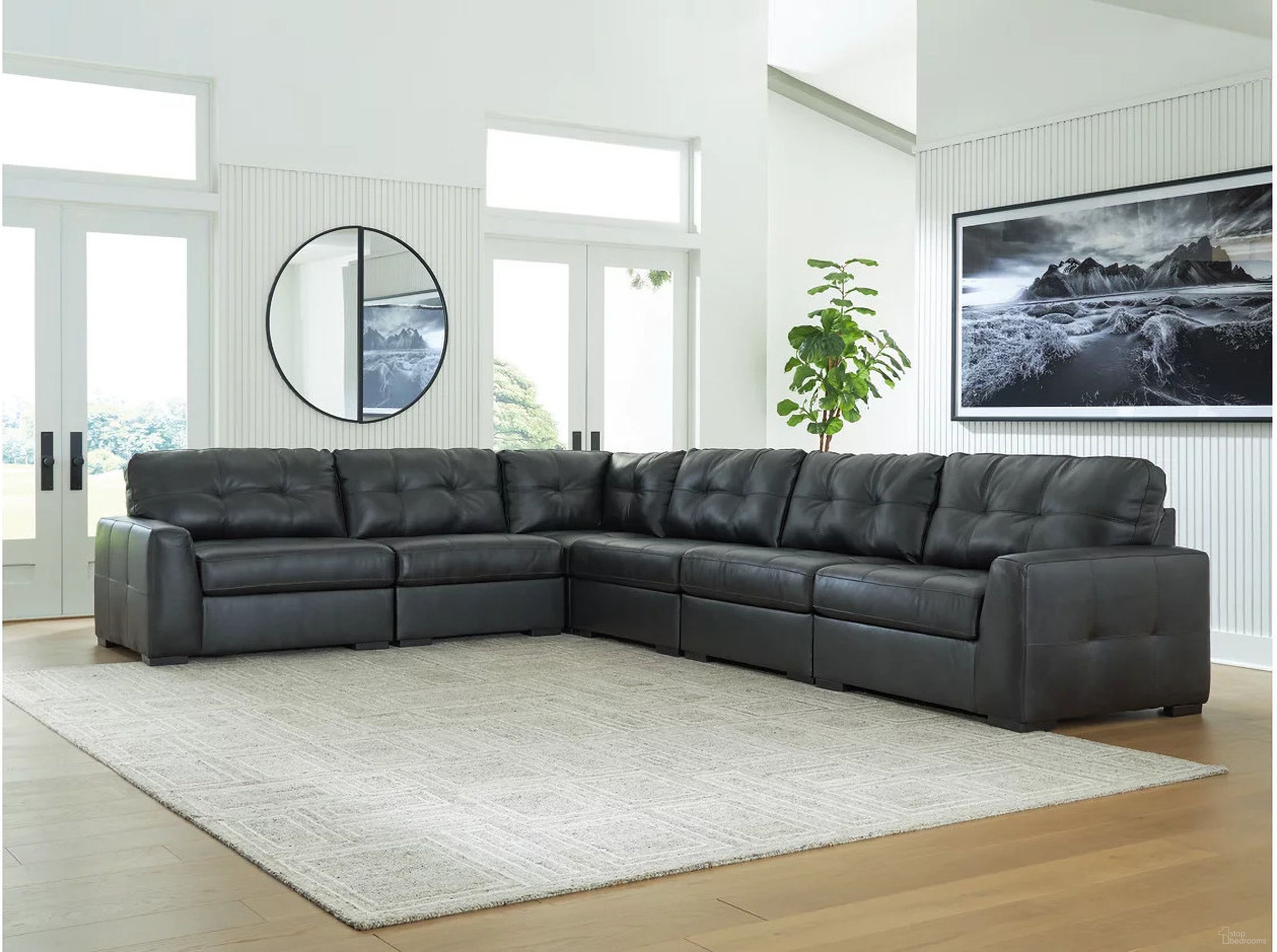 The appearance of Brindley Pier 6-Piece Sectional In Fog designed by Signature Design by Ashley in the modern / contemporary interior design. This fog piece of furniture  was selected by 1StopBedrooms from Brindley Pier Collection to add a touch of cosiness and style into your home. Sku: 9950364;9950346;9950346;9950346;9950377;9950365. Layout: L-Shape. Material: Genuine Leather.