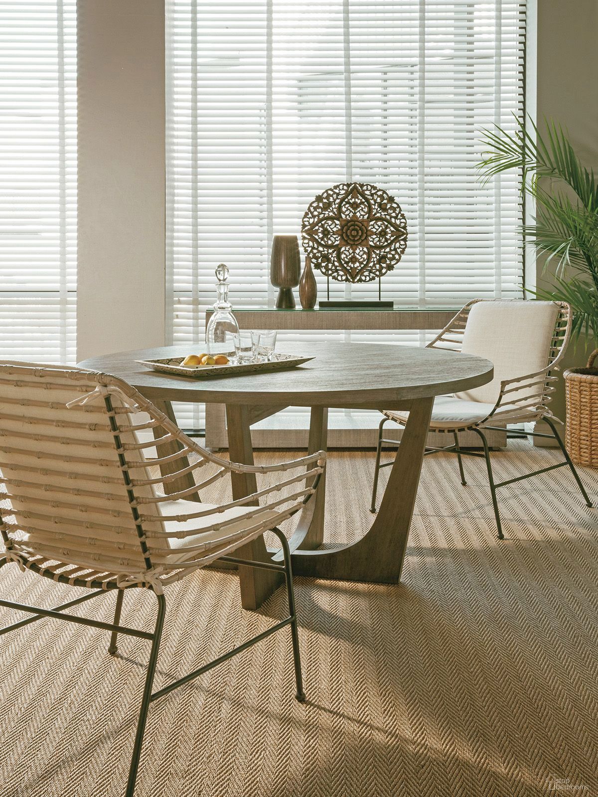 The appearance of Cohesion Program Grigio Brio Round Dining Room Set designed by Artistica Home in the transitional interior design. This grigio piece of furniture  was selected by 1StopBedrooms from Cohesion Program Collection to add a touch of cosiness and style into your home. Sku: 2058-870-41;2089-881-01. Table Base Style: Pedestal. Table Top Shape: Round. Material: Wood. Size: 54".
