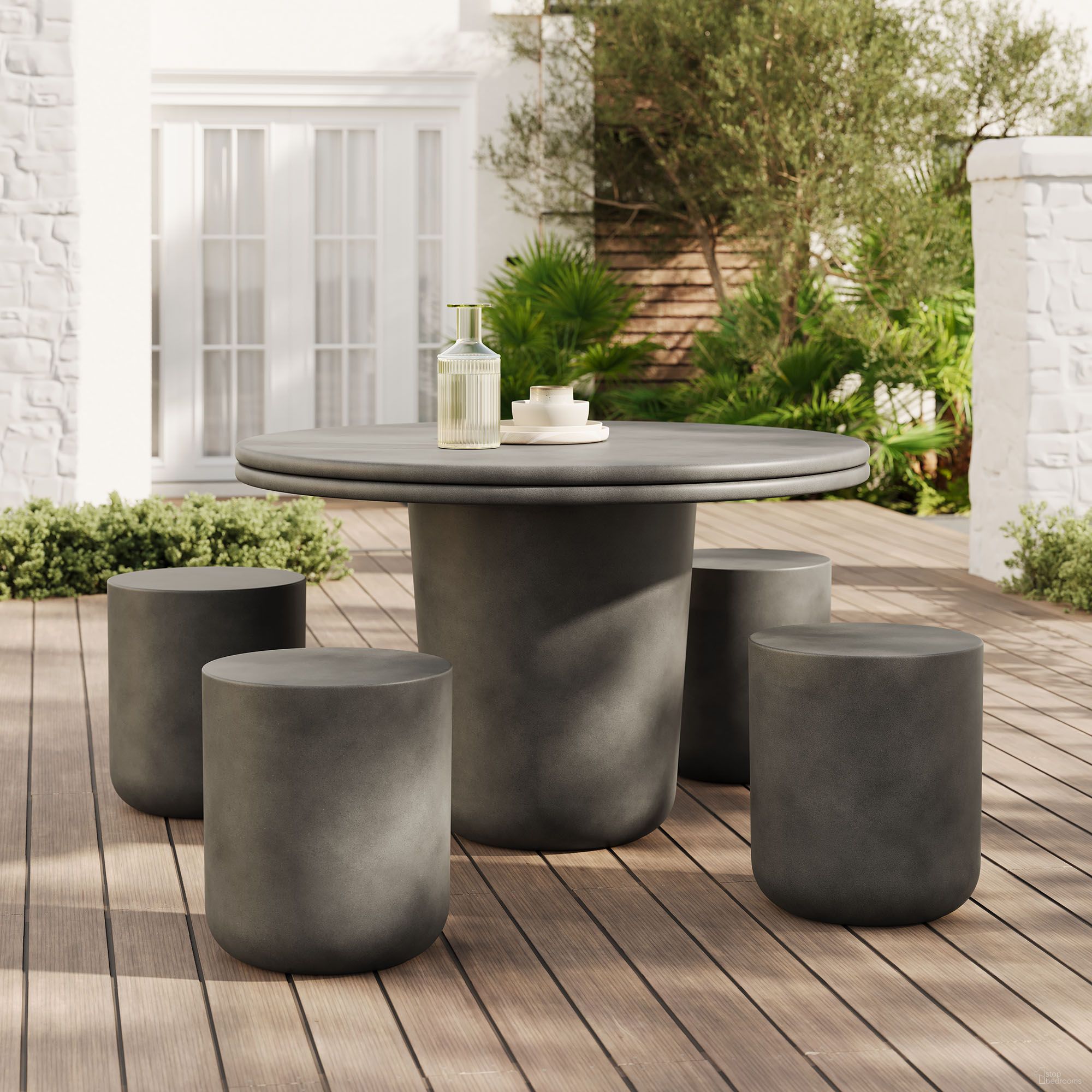 The appearance of Brion Indoor - Outdoor Patio Concrete 5 Piece Dining Table Set In Gray designed by Modway in the modern / contemporary interior design. This gray piece of furniture was selected by 1StopBedrooms from Brion Collection to add a touch of cosiness and style into your home. Sku: EEI-7087-GRY-BASE;EEI-7087-GRY-TOP;EEI-7088-GRY;EEI-7088-GRY;EEI-7088-GRY;EEI-7088-GRY. Material: Concrete.