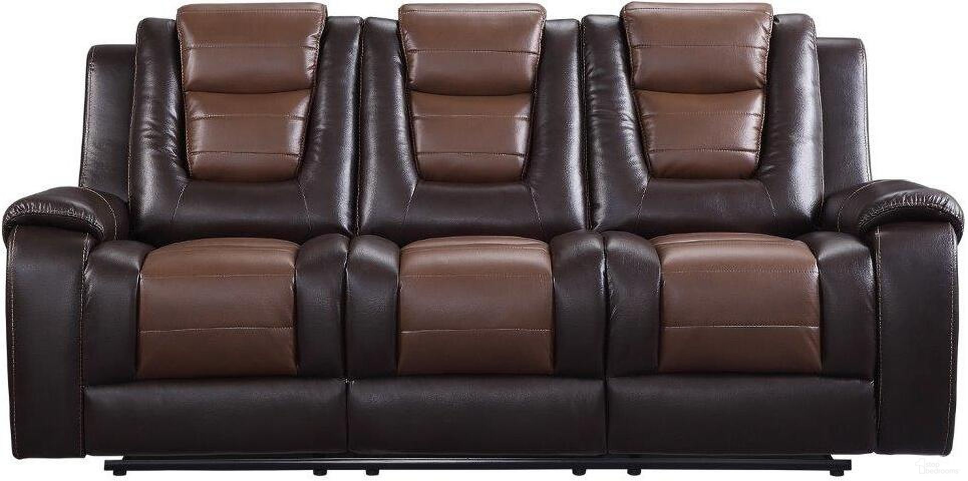The appearance of Briscoe Light And Dark Brown Double Reclining Sofa designed by Homelegance in the modern / contemporary interior design. This brown piece of furniture was selected by 1StopBedrooms from Briscoe Collection to add a touch of cosiness and style into your home. Sku: 9470BR-3. Material: Faux Leather.