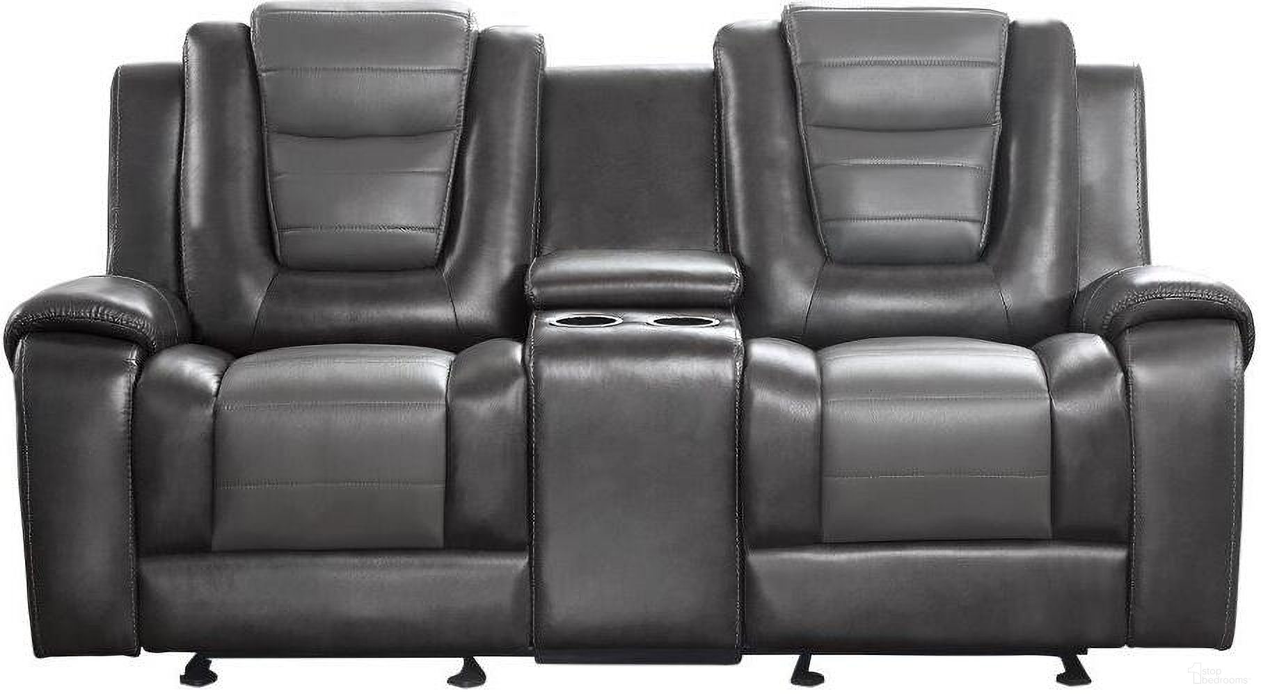 The appearance of Briscoe Light And Dark Gray Double Glider Reclining Loveseat With Center Console designed by Homelegance in the modern / contemporary interior design. This gray piece of furniture  was selected by 1StopBedrooms from Briscoe Collection to add a touch of cosiness and style into your home. Sku: 9470GY-2. Material: Faux Leather.