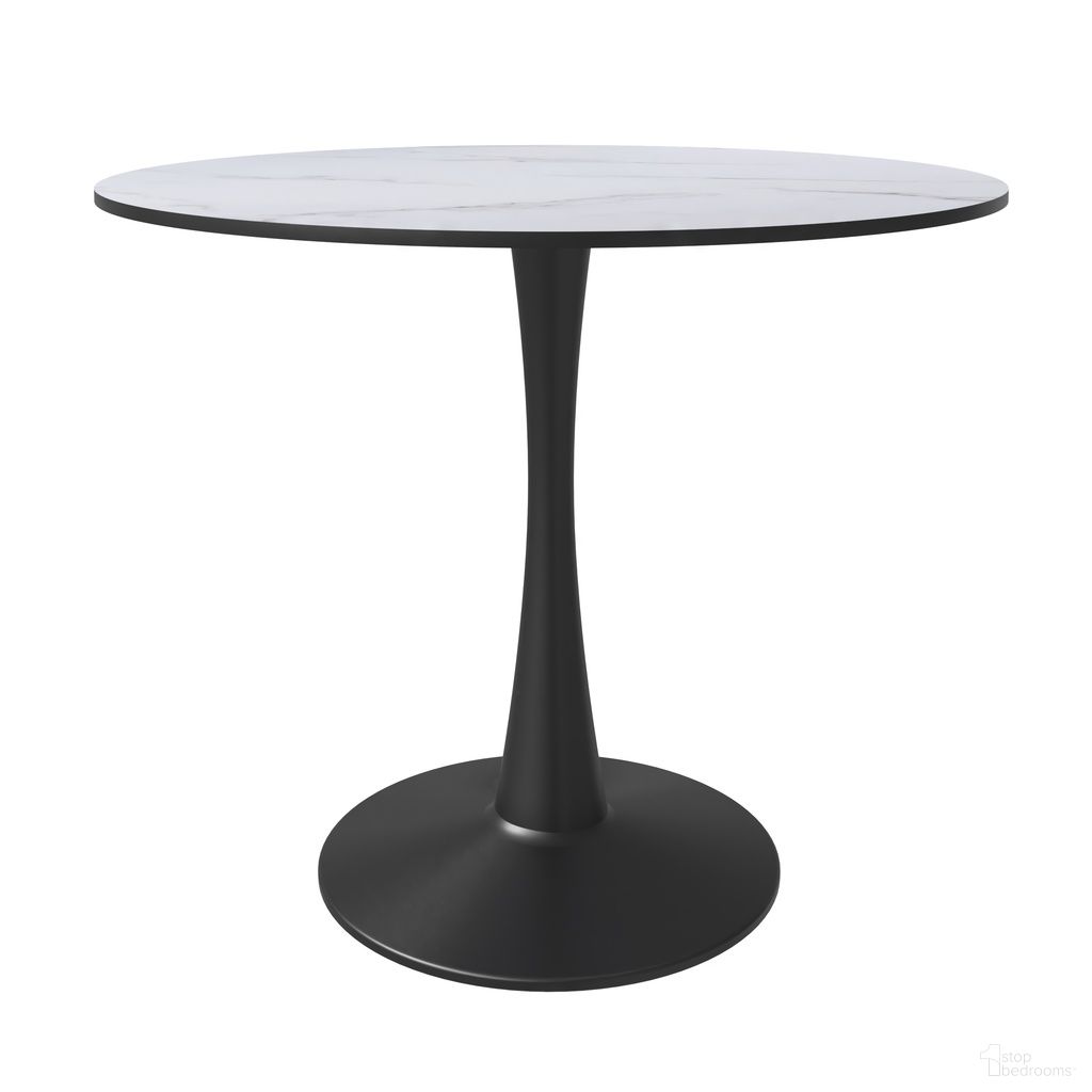 The appearance of Bristol 35 Inch MDF Top Round Dining Table In Black designed by LeisureMod in the transitional interior design. This black/marble white piece of furniture  was selected by 1StopBedrooms from Bristol Collection to add a touch of cosiness and style into your home. Sku: BTBL-35MW. Table Base Style: Pedestal. Table Top Shape: Round. Material: MDF. Size: 35".
