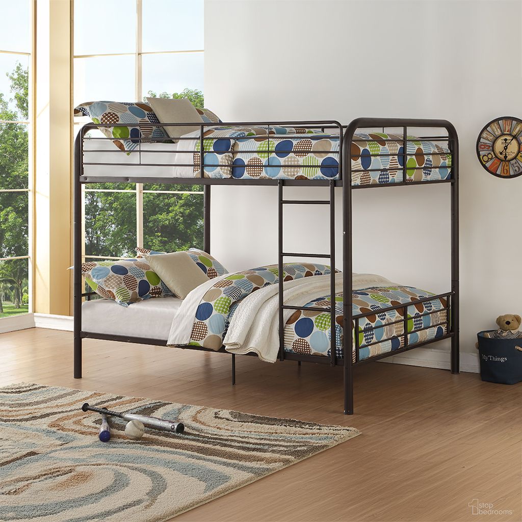 The appearance of Bristol Dark Brown Full Over Full Bunk Bed designed by ACME in the modern / contemporary interior design. This brown piece of furniture  was selected by 1StopBedrooms from Bristol Collection to add a touch of cosiness and style into your home. Sku: 37433-TOP;37434-R. Bed Type: Bunk Bed. Material: Metal. Bed Size: Full Over Full.