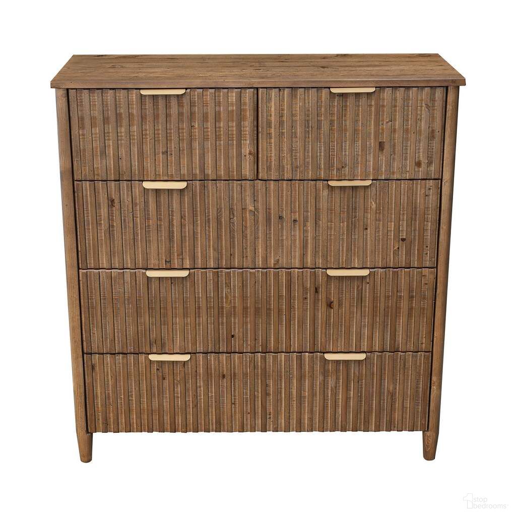 The appearance of Britanica 5 Drawer Chest In Brown and Brass designed by LH Imports in the transitional interior design. This brown/brass piece of furniture was selected by 1StopBedrooms from Britanica Collection to add a touch of cosiness and style into your home. Sku: BRT004. Material: Reclaimed Pine.