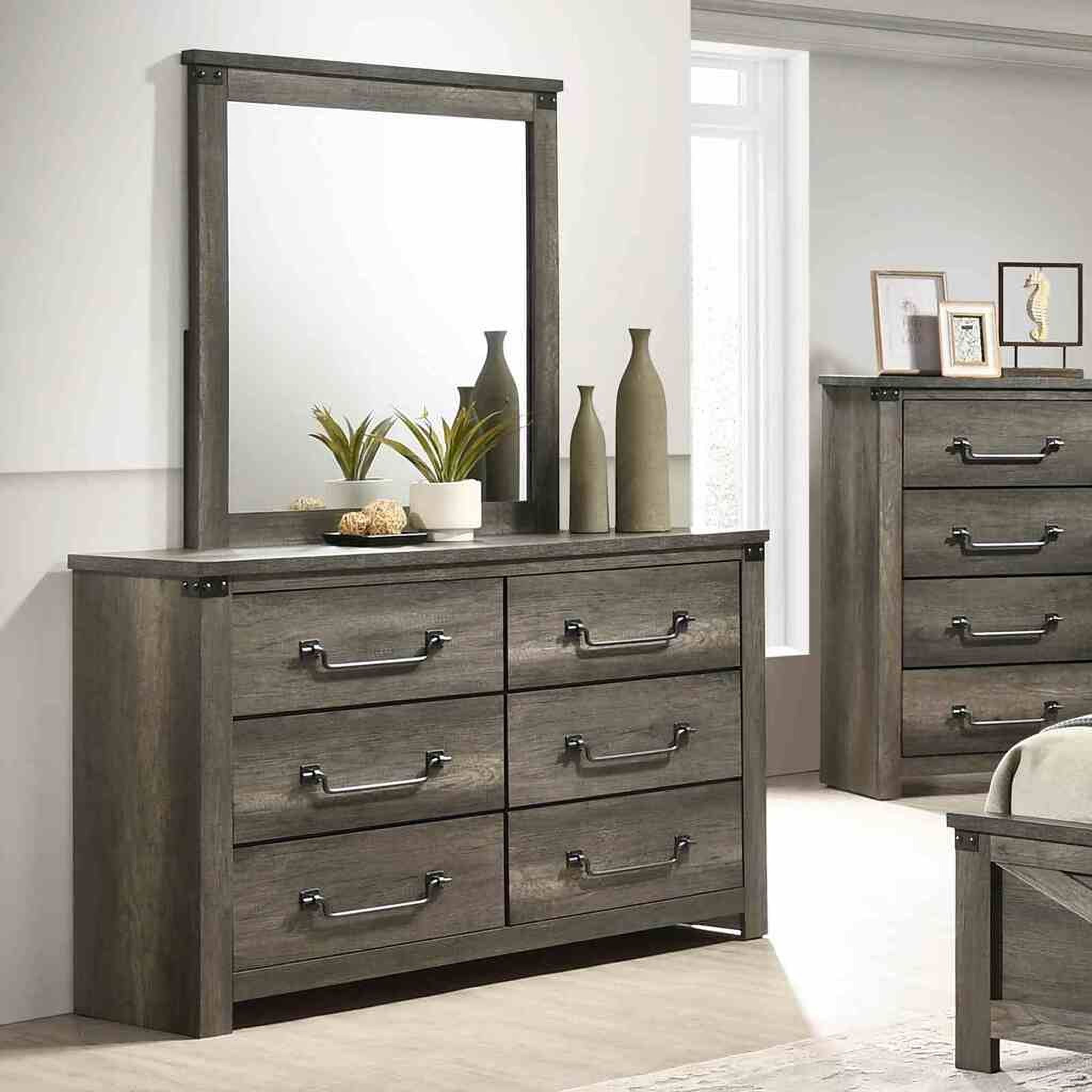 The appearance of Britonale 6-Drawer Dresser In Rustic Gray designed by Furniture of America in the rustic / southwestern interior design. This rustic gray piece of furniture  was selected by 1StopBedrooms from Britonale Collection to add a touch of cosiness and style into your home. Sku: FM7218GY-D. Material: Melamine.