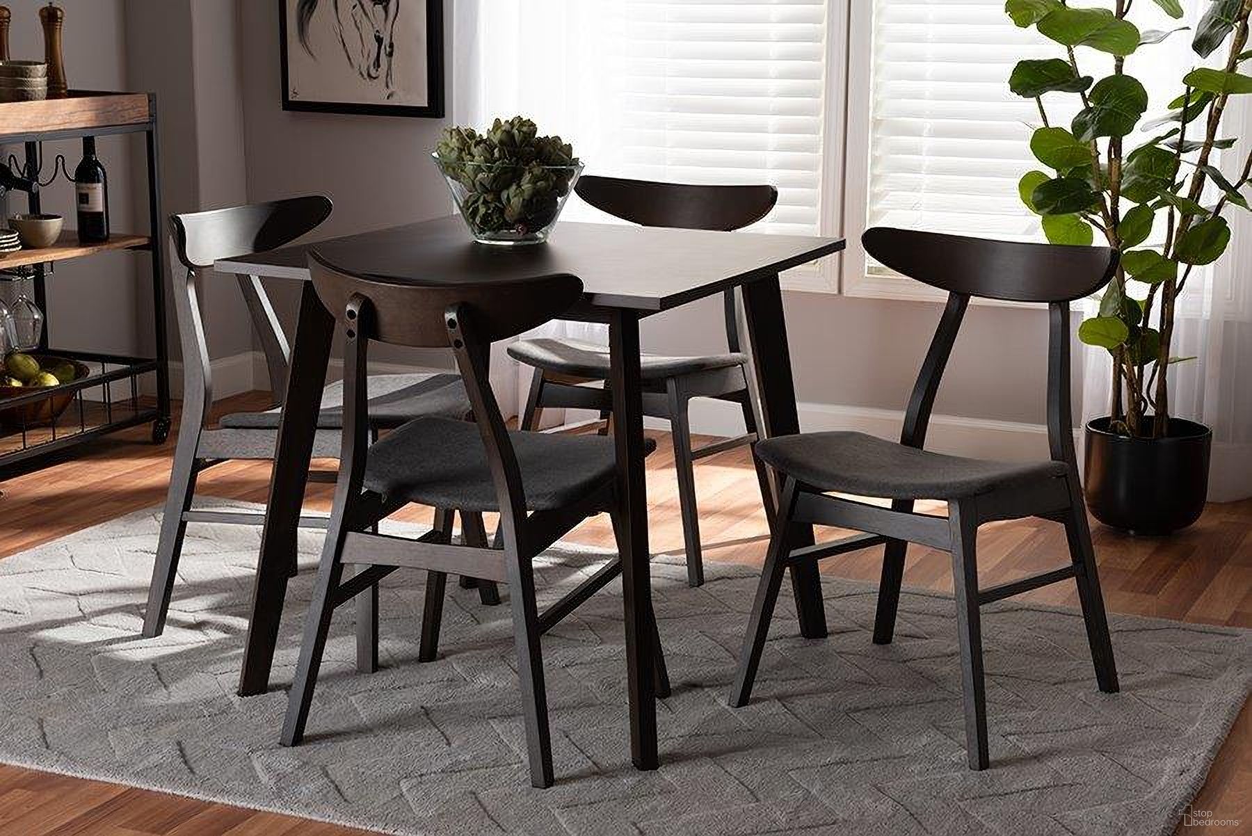 The appearance of Britte Mid-Century Modern Dark Grey Fabric Upholstered Dark Oak Brown Finished 5-Piece Wood Dining Set designed by Baxton Studio in the transitional interior design. This dark grey piece of furniture was selected by 1StopBedrooms from Britte Collection to add a touch of cosiness and style into your home. Sku: Fiesta-Iron/Coffee Oak-5PC Dining Set. Material: Rubberwood.