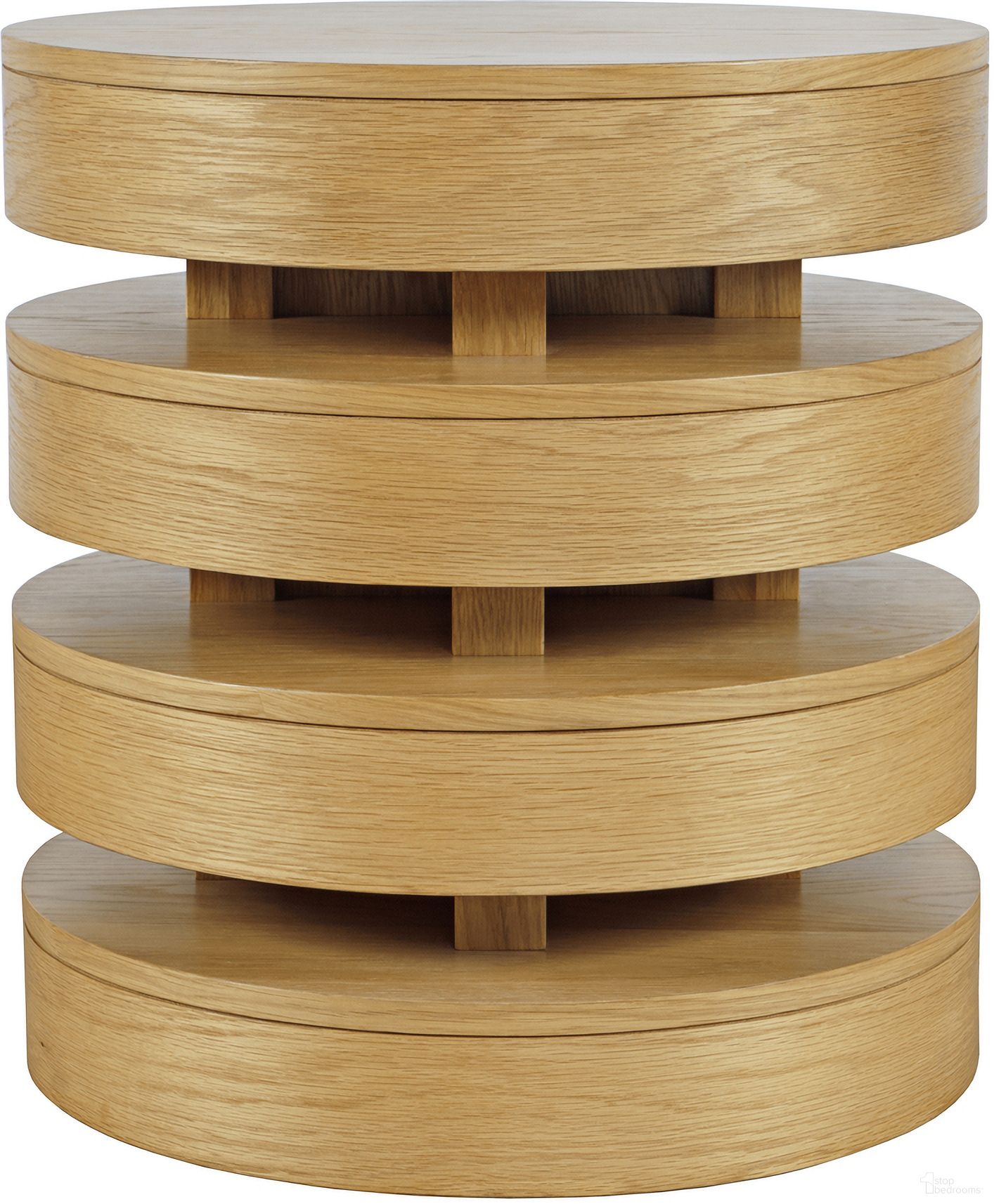 The appearance of Brix Floating Sculpture Layered Round End Table In Oak designed by Jofran in the transitional interior design. This oak piece of furniture  was selected by 1StopBedrooms from Brix Collection to add a touch of cosiness and style into your home. Sku: 2370-6OAK. Material: MDF.