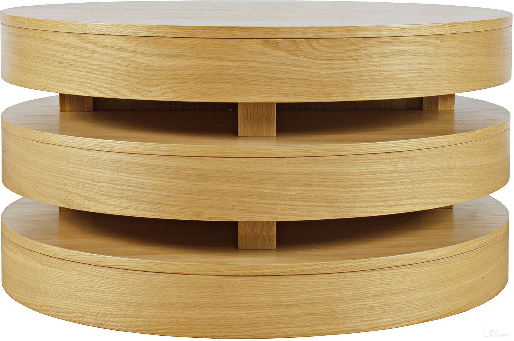 The appearance of Brix Floating Sculpture Round Layered Coffee Table with Caster Wheels In Oak designed by Jofran in the transitional interior design. This oak piece of furniture  was selected by 1StopBedrooms from Brix Collection to add a touch of cosiness and style into your home. Sku: 2370-2OAK. Material: MDF.