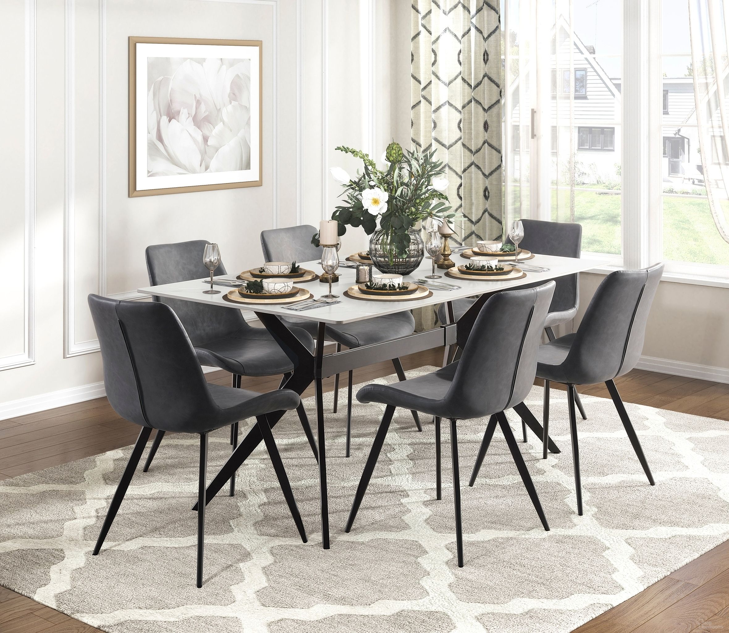 The appearance of Brixley Dining Set In Black and Gray designed by Homelegance in the modern / contemporary interior design. This black and gray piece of furniture  was selected by 1StopBedrooms from Brixley Collection to add a touch of cosiness and style into your home. Sku: 5916-63T;5916-63B;5916S. Material: Marble. Table Top Shape: Rectangular. Size: 36" x 63".