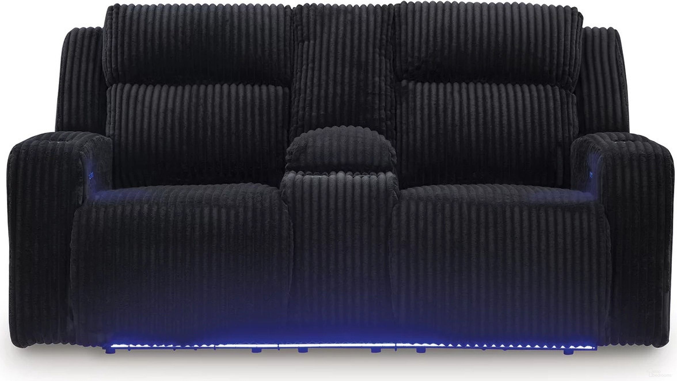 The appearance of Broad Cove Power Reclining Loveseat with Console In Black designed by Signature Design by Ashley in the modern / contemporary interior design. This black piece of furniture was selected by 1StopBedrooms from Broad Cove Collection to add a touch of cosiness and style into your home. Sku: NC6420218. Material: Fabric.