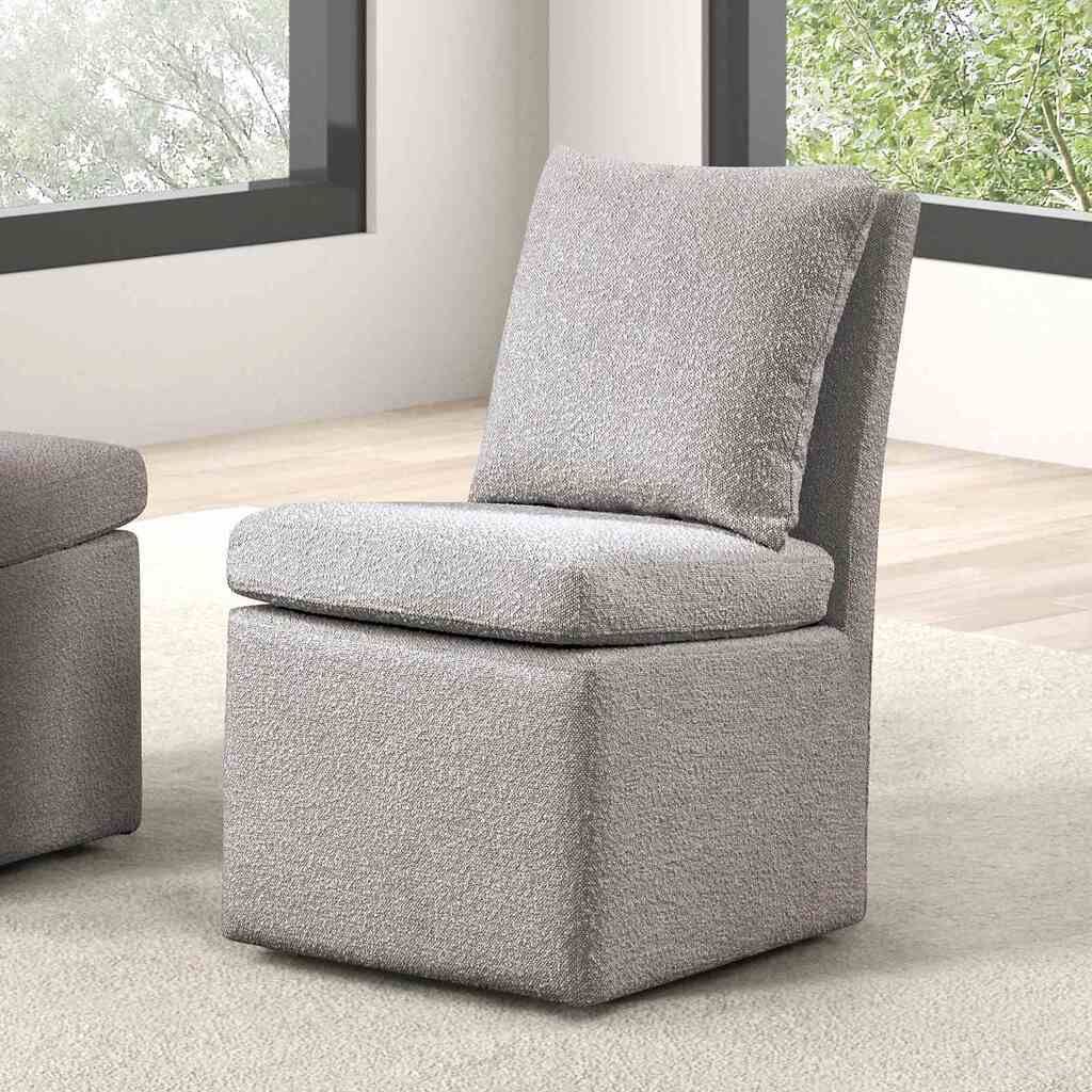 The appearance of Broager Dining Chair with Caster In Light Gray designed by Furniture of America in the modern / contemporary interior design. This light gray piece of furniture was selected by 1StopBedrooms from Broager Collection to add a touch of cosiness and style into your home. Sku: FM3000LG-SC. Material: Boucle. Chair Type: Side Chair.
