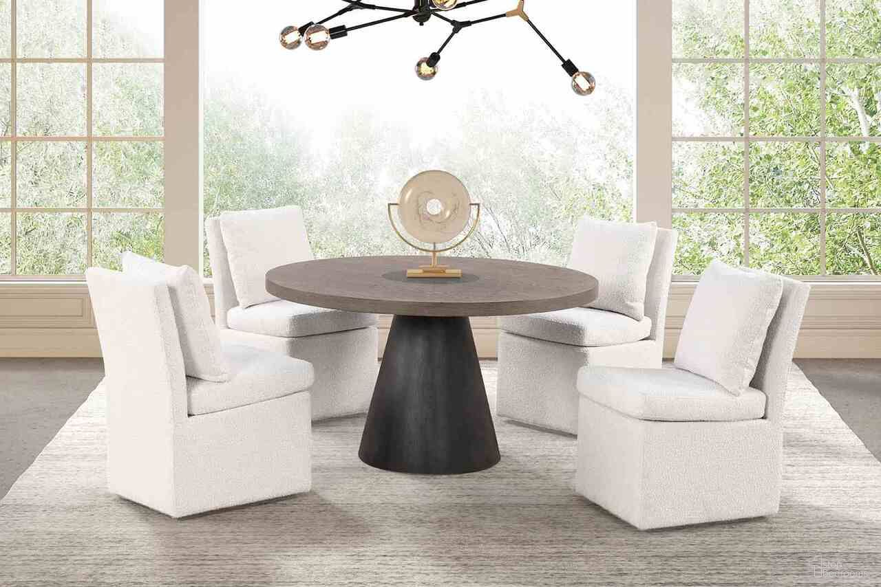 The appearance of Broager Round Dining Room Set In Rustic Oak and Dark Walnut designed by Furniture of America in the modern / contemporary interior design. This rustic oak and dark walnut piece of furniture was selected by 1StopBedrooms from Broager Collection to add a touch of cosiness and style into your home. Sku: FM3331DB-RT-1;FM3331DB-RT-2;FM3000WH-SC. Table Top Shape: Round. Size: 54". Material: Boucle.
