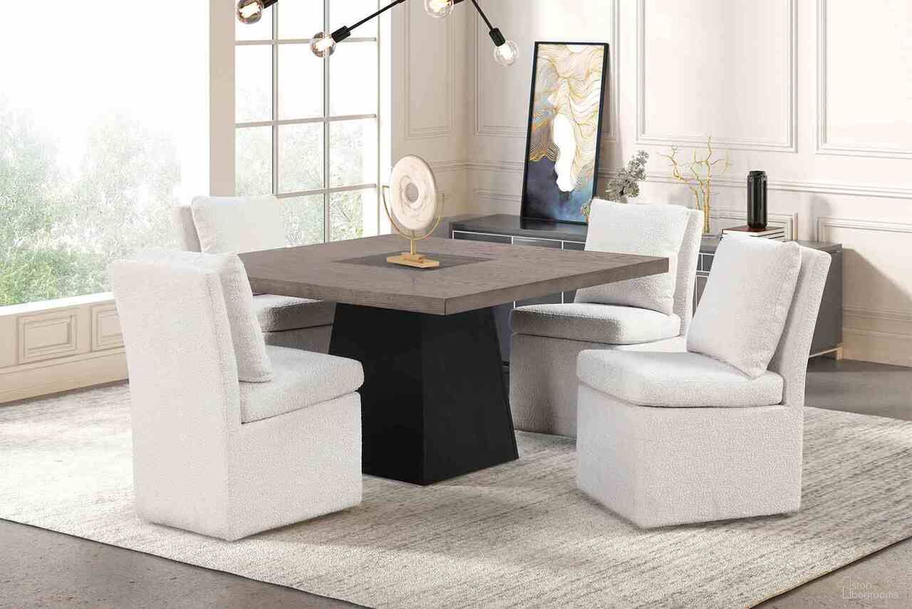 The appearance of Broager Square Dining Room Set In Light Gray designed by Furniture of America in the modern / contemporary interior design. This rustic oak and dark walnut piece of furniture was selected by 1StopBedrooms from Broager Collection to add a touch of cosiness and style into your home. Sku: FM3331DB-ST-1;FM3331DB-ST-2;FM3000WH-SC. Table Top Shape: Square. Size: 54" x 54". Material: Boucle.