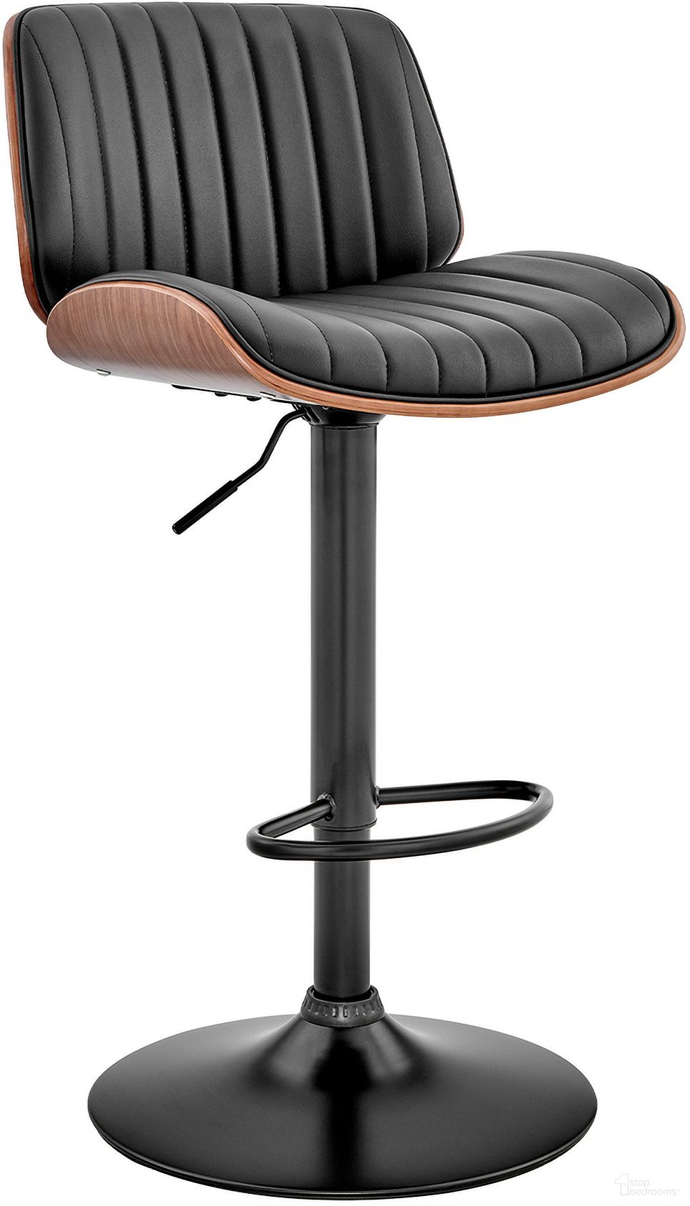 Brock Adjustable Black Faux Leather and Walnut Wood Bar Stool with Black Base