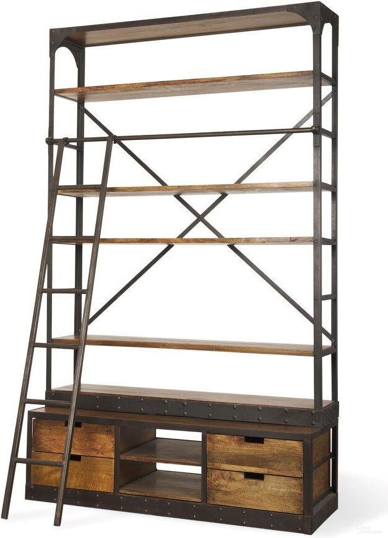 The appearance of Brodie Ii Medium Brown Wood Copper Ladder Four Shelf Shelving Unit designed by Mercana in the industrial interior design. This medium brown piece of furniture  was selected by 1StopBedrooms from Brodie Collection to add a touch of cosiness and style into your home. Sku: 50031-AB. Material: Wood.
