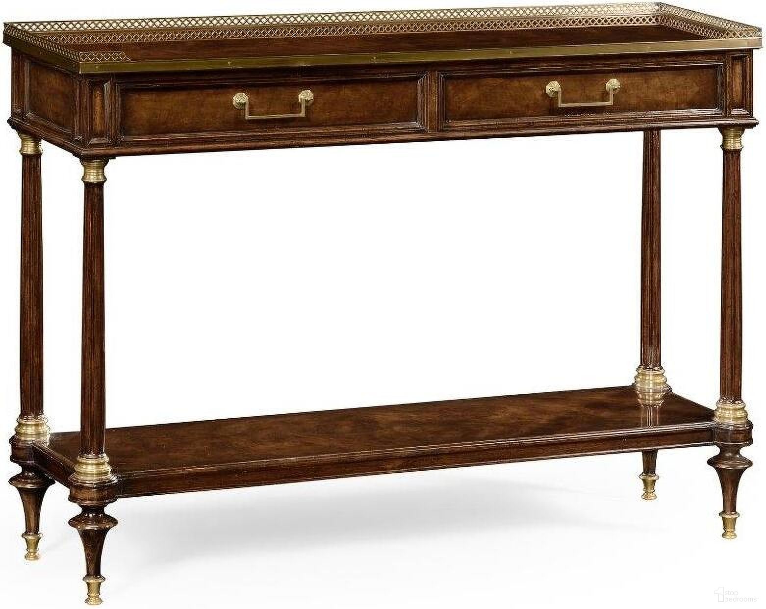 The appearance of Brompton French Style Mahogany Console With Brass Gallery designed by Jonathan Charles in the traditional interior design. This brown piece of furniture was selected by 1StopBedrooms from Brompton Collection to add a touch of cosiness and style into your home. Sku: 494892-BMA. Material: Wood.