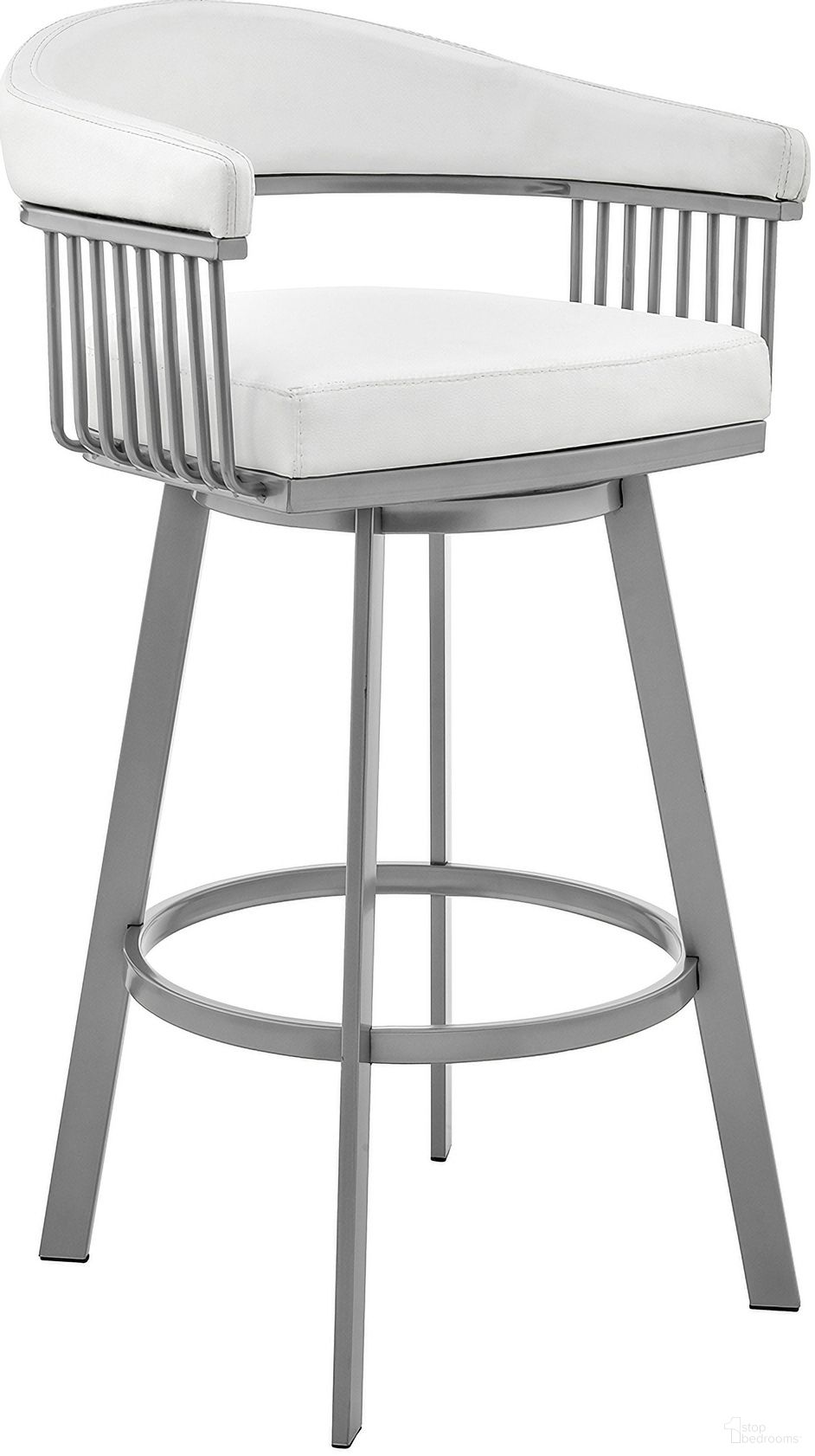 Bronson 25 Inch Counter Height Swivel Bar Stool In Silver Finish and White Faux Leather