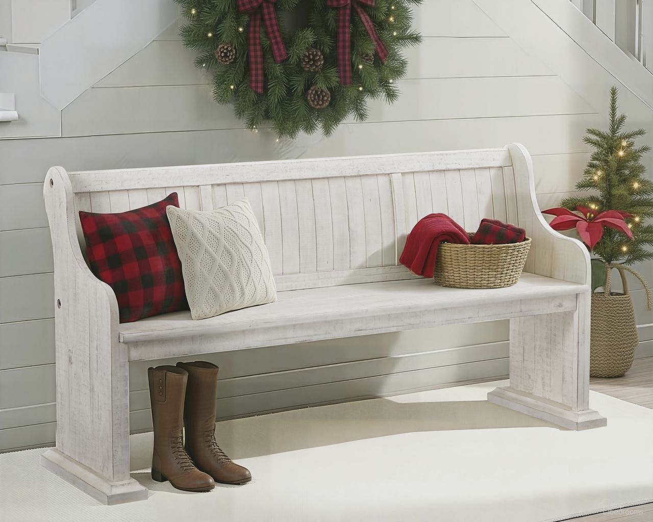 The appearance of Bronwyn Chalk White Bench designed by Magnussen in the country / farmhouse interior design. This white piece of furniture was selected by 1StopBedrooms from Bronwyn Collection to add a touch of cosiness and style into your home. Sku: D4436-79. Material: Pine.
