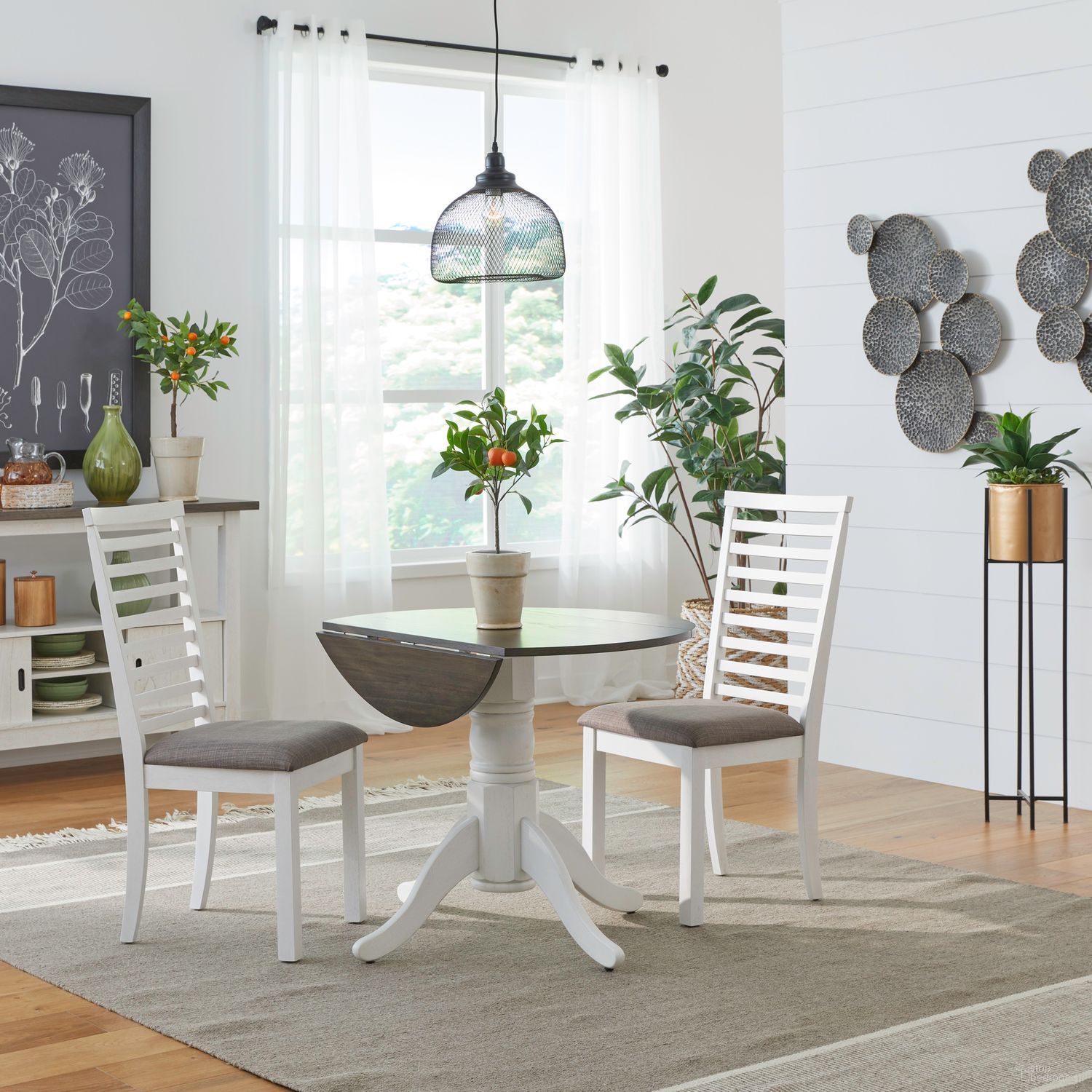 The appearance of Brook Bay Drop Leaf Dining Room Set In Textured White With Carbon Gray Top designed by Liberty in the transitional interior design. This white and gray piece of furniture was selected by 1StopBedrooms from Brook Bay Collection to add a touch of cosiness and style into your home. Sku: 182-P3636;182-T3636;182-C2001S. Table Top Shape: Round. Material: Rubberwood. Size: 36".