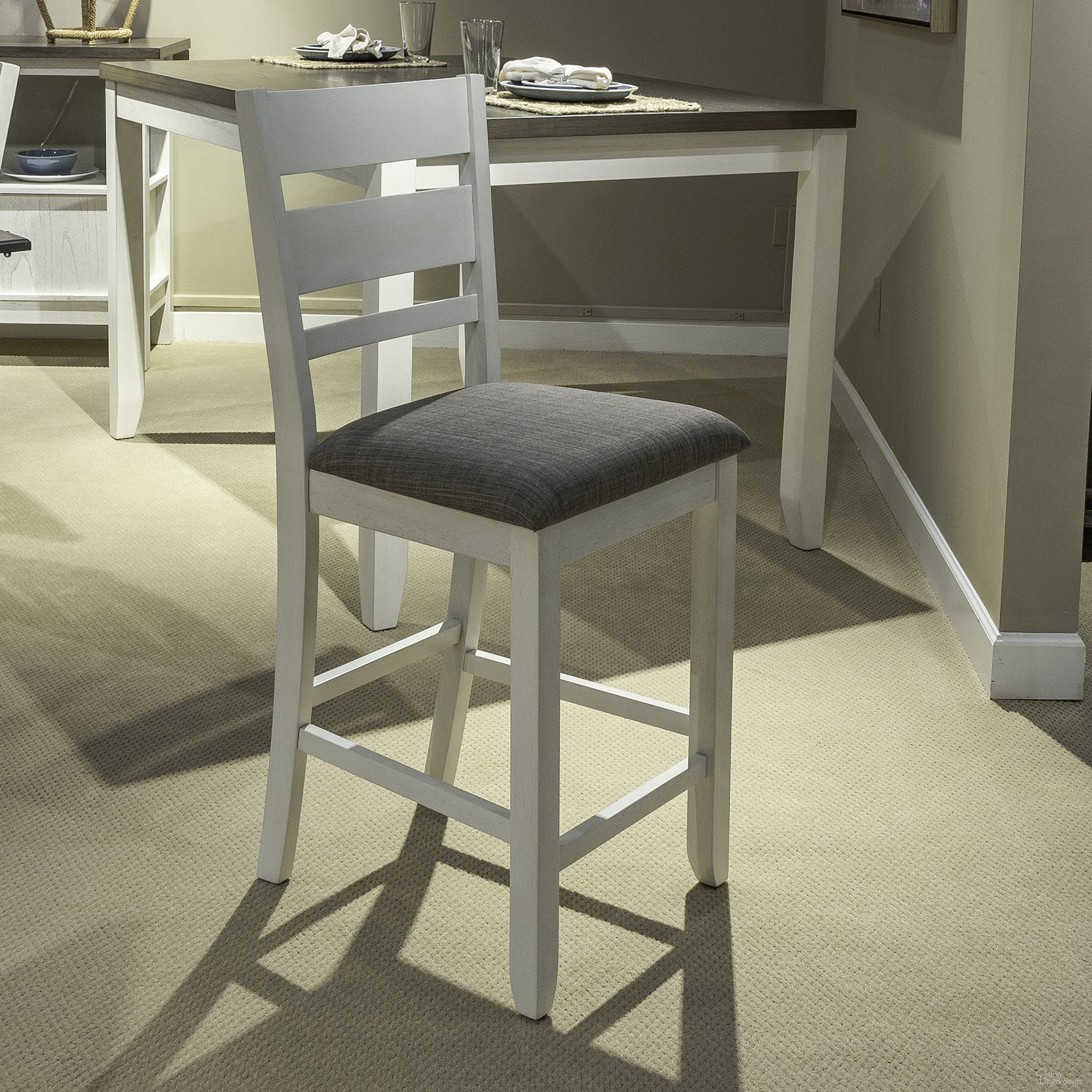 The appearance of Brook Bay Slat Back Upholstered Counter Chair Set of 2 In Textured White and Carbon Gray designed by Liberty in the transitional interior design. This textured white/carbon gray piece of furniture was selected by 1StopBedrooms from Brook Bay Collection to add a touch of cosiness and style into your home. Sku: 182-B150124. Material: Solid Rubberwood.