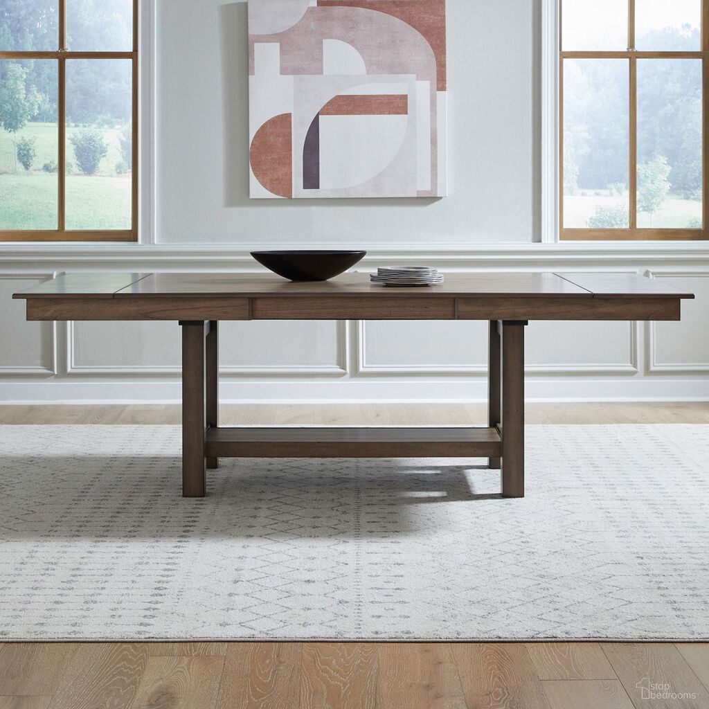 The appearance of Brook Bay Trestle Table Set In Sandstone designed by Liberty in the transitional interior design. This sandstone piece of furniture was selected by 1StopBedrooms from Brook Bay Collection to add a touch of cosiness and style into your home. Sku: 182WT-T4094;182WT-P4094. Table Base Style: Trestle. Table Top Shape: Rectangular. Size: 94" x 40". Material: Solid Rubberwood.