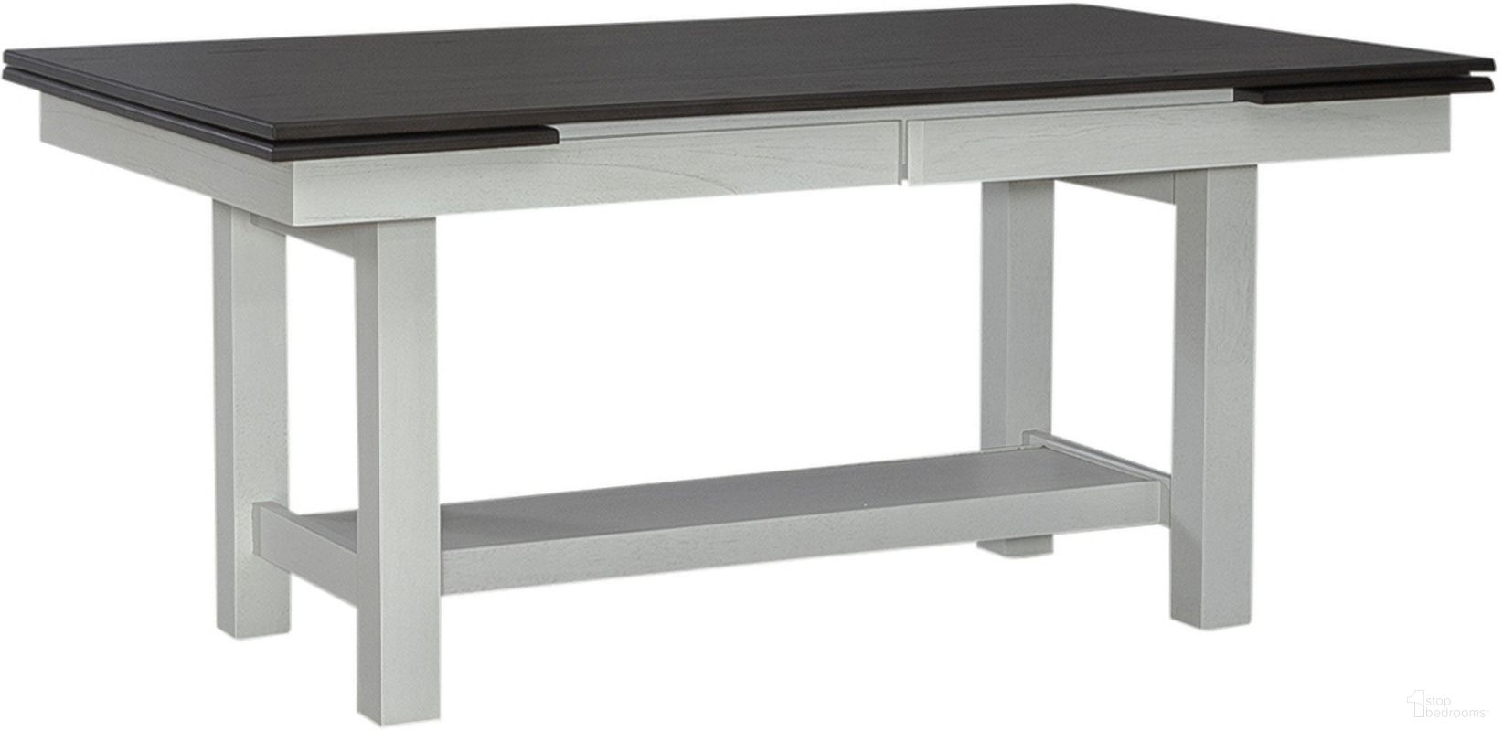 The appearance of Brook Bay Trestle Table Set In Textured White With Carbon Gray Top designed by Liberty in the transitional interior design. This gray piece of furniture was selected by 1StopBedrooms from Brook Bay Collection to add a touch of cosiness and style into your home. Sku: 182-P4094;182-T4094. Table Base Style: Trestle. Table Top Shape: Rectangular. Material: Rubberwood. Size: 94" x 40".
