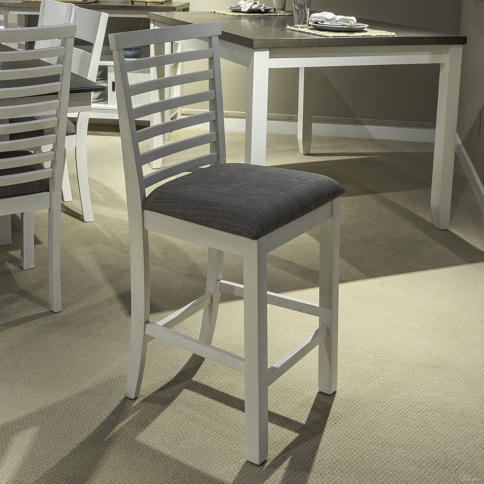 The appearance of Brook Bay Upholstered Ladder Back Counter Chair Set of 2 In Textured White and Carbon Gray designed by Liberty in the transitional interior design. This textured white/carbon gray piece of furniture was selected by 1StopBedrooms from Brook Bay Collection to add a touch of cosiness and style into your home. Sku: 182-B200124. Material: Solid Rubberwood.