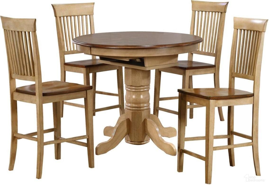 The appearance of Brook Fancy Slat Stools 5 Piece Round or Oval Butterfly Leaf Pub Table Set designed by Sunset Trading in the traditional interior design. This two-tone brown piece of furniture was selected by 1StopBedrooms from Brook Collection to add a touch of cosiness and style into your home. Sku: DLU-BR-TP-4260-PW-T;DLU-BR-TP-4260-PW-CB;DLU-BR-B70-PW-2;DLU-BR-B70-PW-2. Material: Wood.