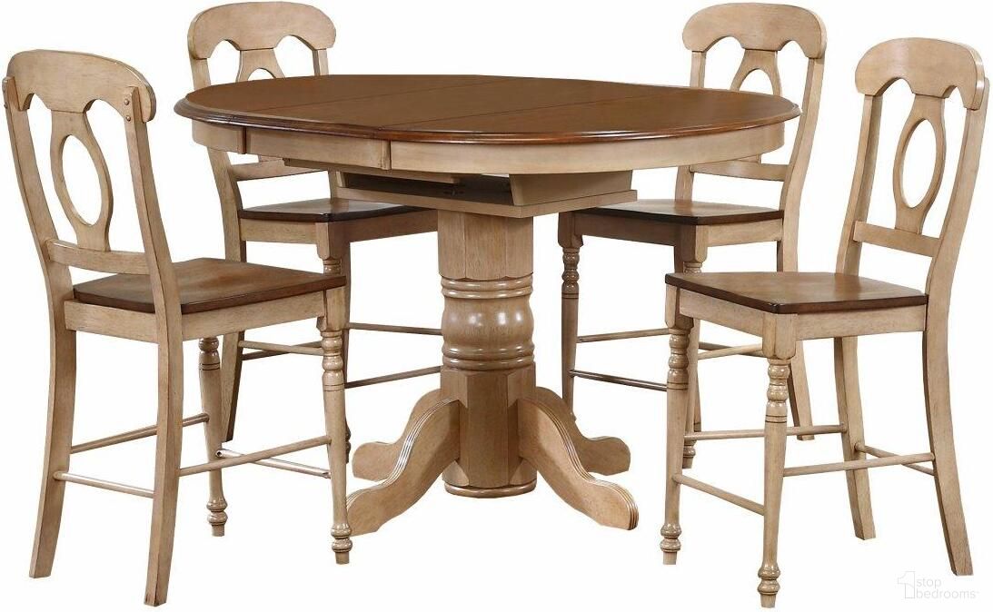 The appearance of Brook Napoleon Stools 5 Piece Round or Oval Butterfuly Leaf Pub Table Set designed by Sunset Trading in the traditional interior design. This two-tone brown piece of furniture was selected by 1StopBedrooms from Brook Collection to add a touch of cosiness and style into your home. Sku: DLU-BR-TP-4260-PW-T;DLU-BR-TP-4260-PW-CB;DLU-BR-B50-PW-2;DLU-BR-B50-PW-2. Material: Wood.