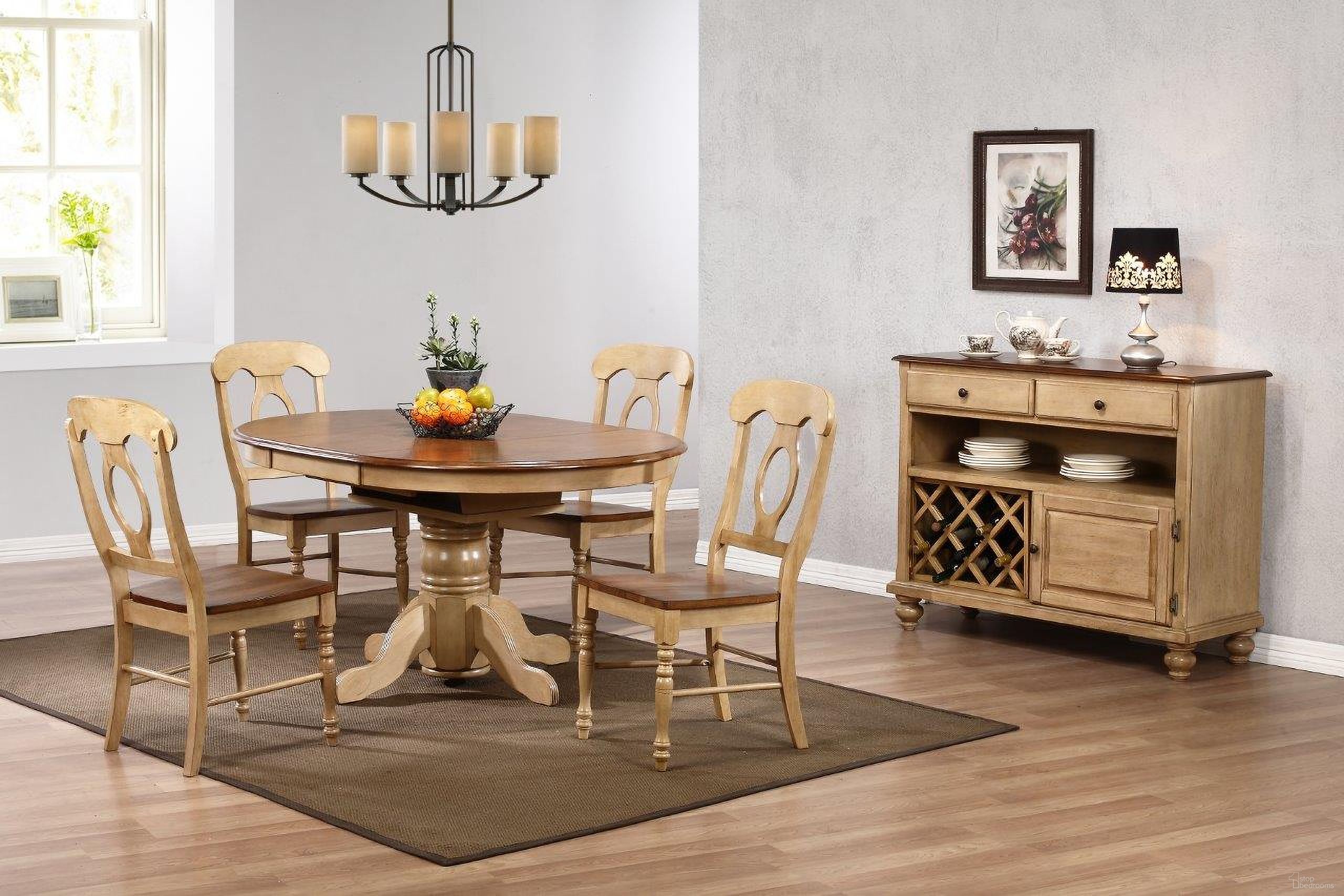 The appearance of Brook Server 6 Piece Round or Oval Butterfly Leaf Dining Set designed by Sunset Trading in the modern / contemporary interior design. This two-tone brown piece of furniture was selected by 1StopBedrooms from Brook Collection to add a touch of cosiness and style into your home. Sku: DLU-BR-TP-4260-PW-T;DLU-BR-TP-4260-PW-B;DLU-BR-C50-PW-2;DLU-BR-C50-PW-2;DLU-BR-SER-PW. Material: Wood.