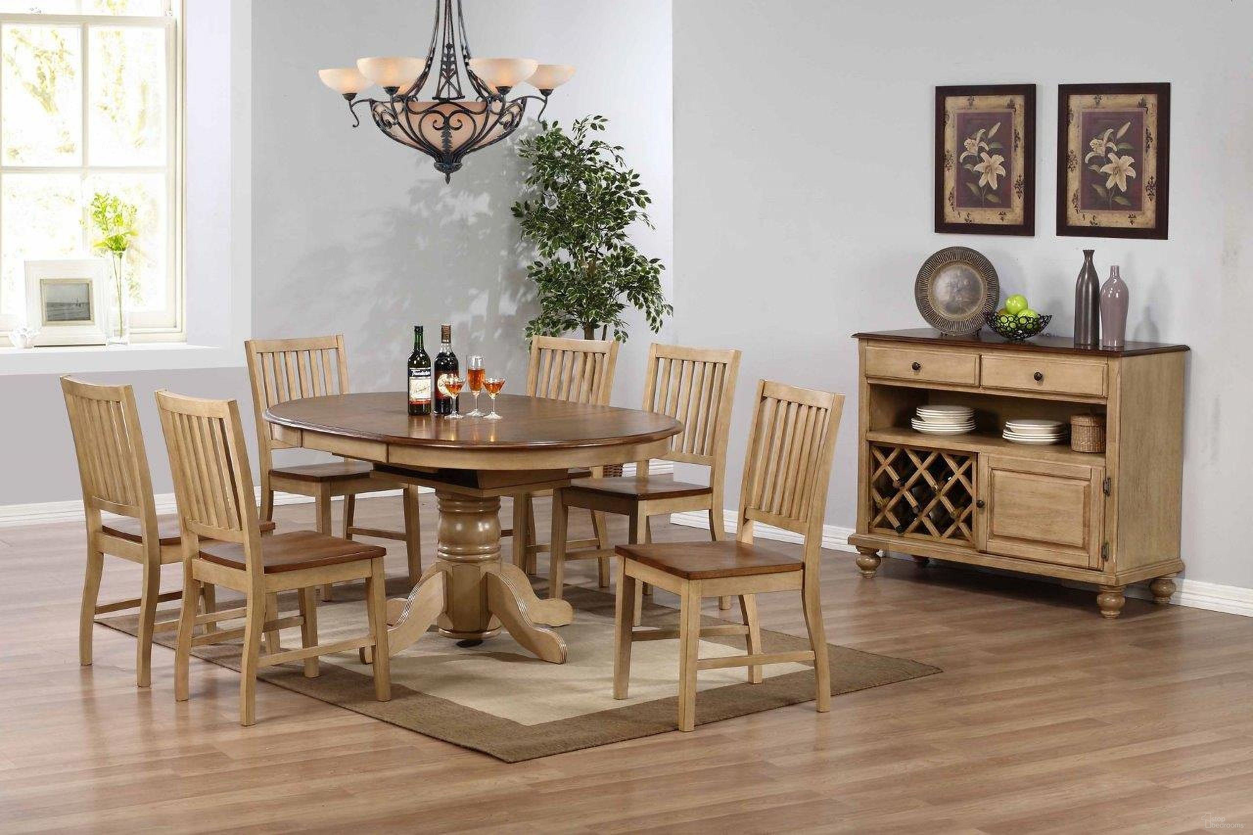 The appearance of Brook Server 8 Piece Round or Oval Butterfly Leaf Dining Set designed by Sunset Trading in the modern / contemporary interior design. This two-tone brown piece of furniture was selected by 1StopBedrooms from Brook Collection to add a touch of cosiness and style into your home. Sku: DLU-BR-TP-4260-PW-T;DLU-BR-TP-4260-PW-B;DLU-BR-C60-PW-2;DLU-BR-C60-PW-2;DLU-BR-C60-PW-2;DLU-BR-SER-PW. Material: Wood.