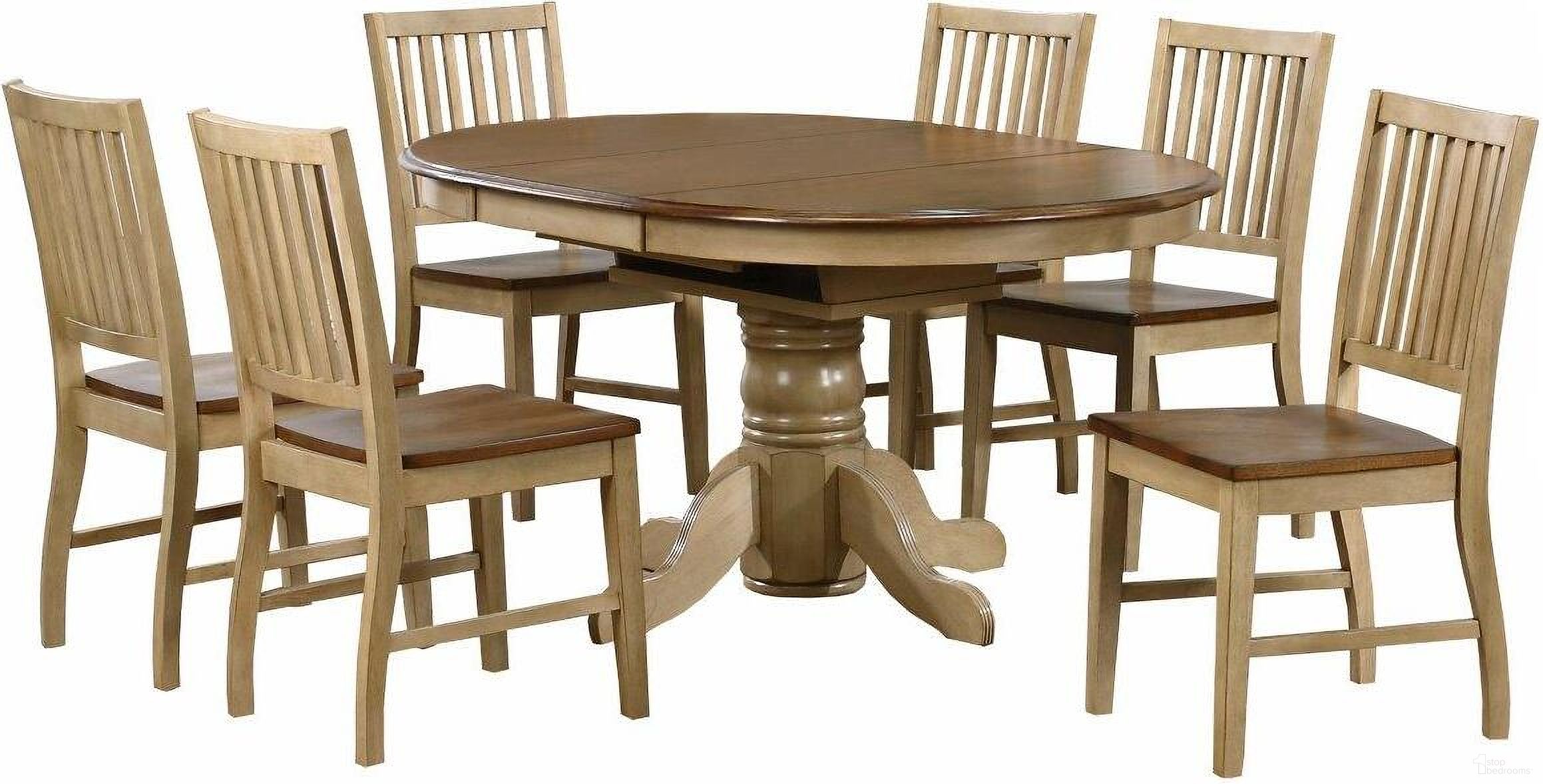 The appearance of Brook Slat Back Chairs 7 Piece Round or Oval Butterfly Leaf Dining Set designed by Sunset Trading in the country / farmhouse interior design. This two-tone brown piece of furniture was selected by 1StopBedrooms from Brook Collection to add a touch of cosiness and style into your home. Sku: DLU-BR-TP-4260-PW-T;DLU-BR-TP-4260-PW-B;DLU-BR-C60-PW-2;DLU-BR-C60-PW-2;DLU-BR-C60-PW-2. Material: Wood.
