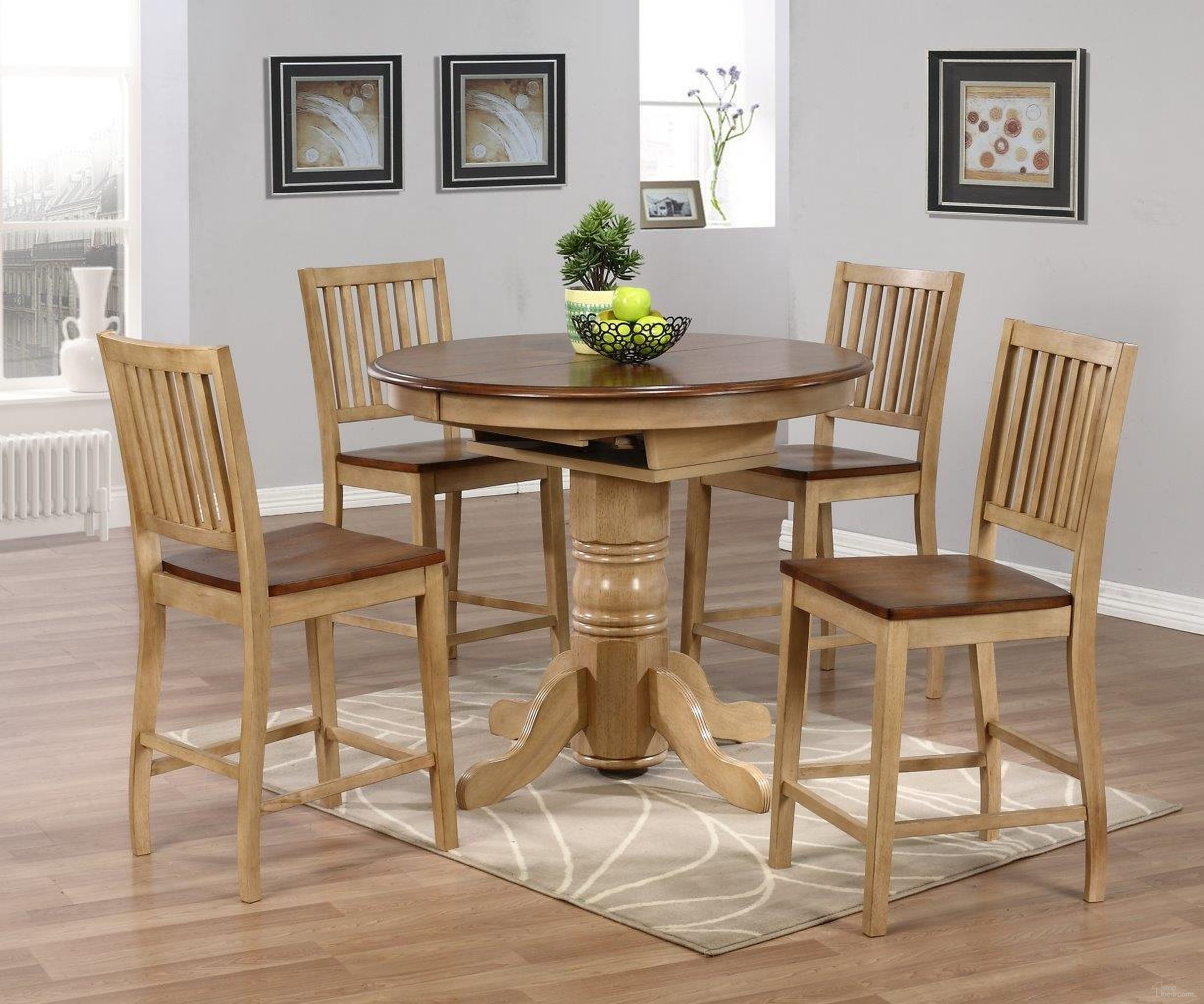 The appearance of Brook Slat Back Stools 5 Piece Round or Oval Butterfly Leaf Pub Table Set designed by Sunset Trading in the traditional interior design. This two-tone brown piece of furniture was selected by 1StopBedrooms from Brook Collection to add a touch of cosiness and style into your home. Sku: DLU-BR-TP-4260-PW-T;DLU-BR-TP-4260-PW-CB;DLU-BR-B60-PW-2;DLU-BR-B60-PW-2. Material: Wood.