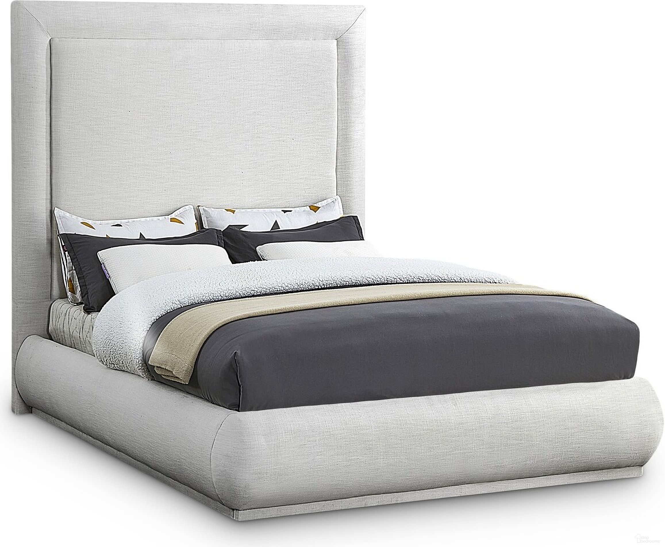 The appearance of Brooke Linen Textured Fabric Queen Bed In Cream designed by Meridian in the transitional interior design. This cream piece of furniture  was selected by 1StopBedrooms from Brooke Collection to add a touch of cosiness and style into your home. Sku: BrookeCream-Q Box 1/2 (Headboard / Slats);BrookeCream-Q Box 2/2 (Siderails / Footboard / Legs). Bed Type: Panel Bed. Material: Wood. Bed Size: Queen.
