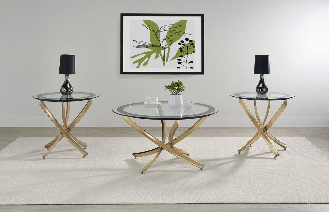 The appearance of Brooke Round Glass Top Occasional Table Set In Rose Brass designed by Coaster in the modern / contemporary interior design. This rose brass piece of furniture  was selected by 1StopBedrooms from Brooke Collection to add a touch of cosiness and style into your home. Sku: 707888;707887. Material: Glass.
